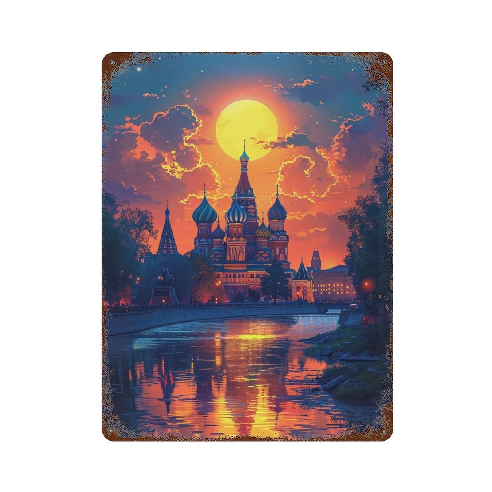 Moscow Sunset Reflections Weathered Tin Sign 15.7"x11.8", Rustic Home Decor for Garage, Pub Or Kitchen