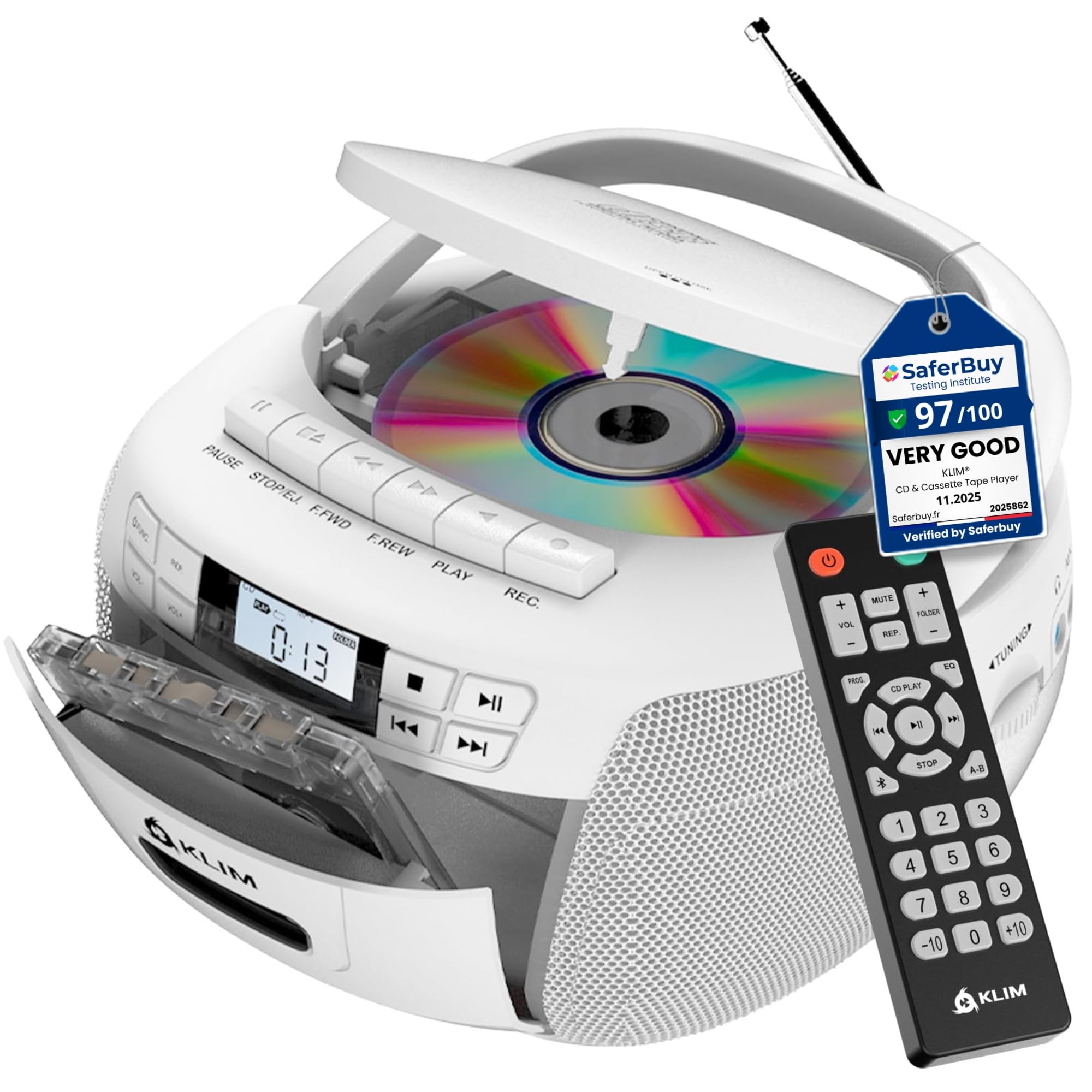 KLIM CD Player & Cassette Tape Player, Bluetooth Boombox, AM/FM Radio, Stereo Sound, Remote, CD and Cassette Combo, Tape Recording, USB Drive, AUX, AC/DC Powered - White