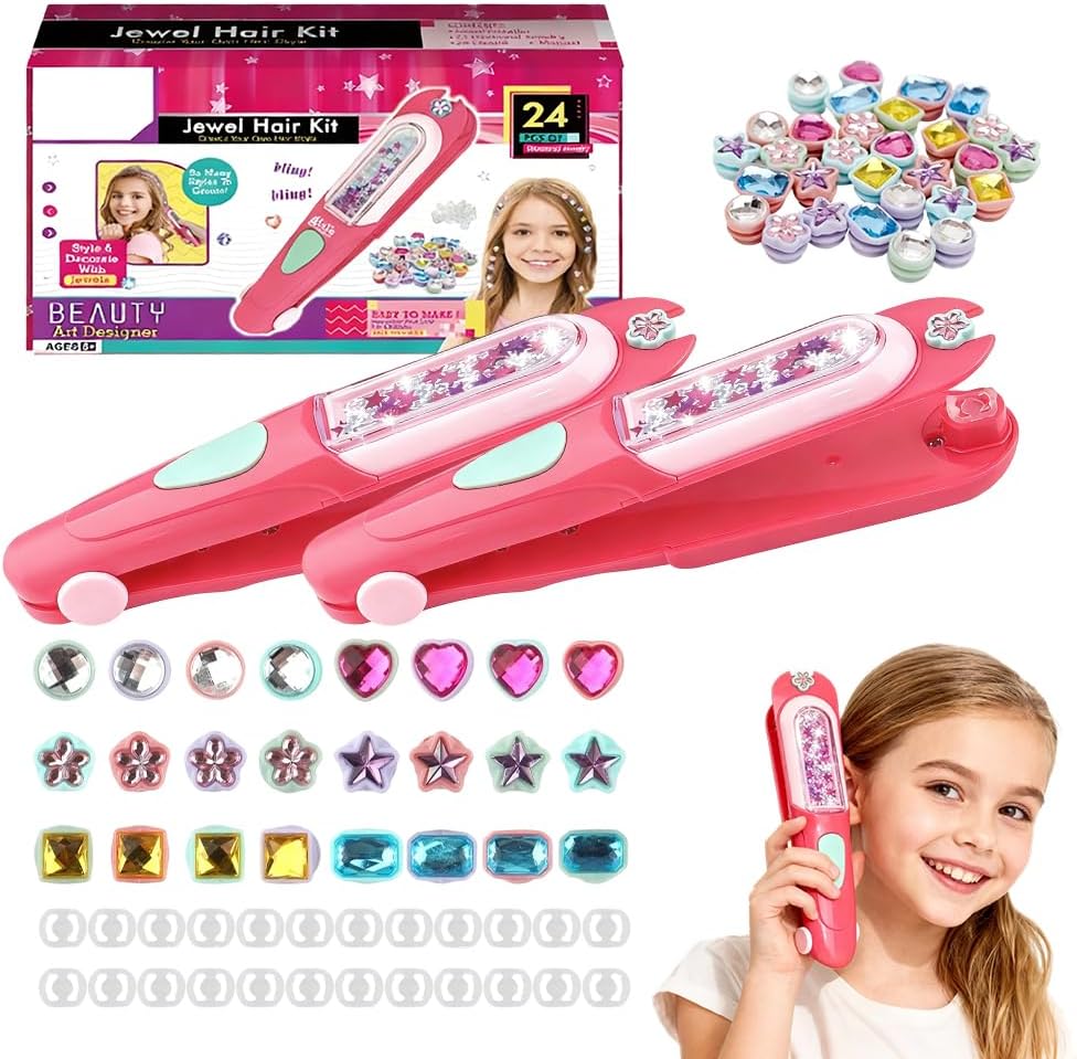 Hair Gem Stamper for Girls, 2026 New Glitter Diamond Styling Tools Hair, Upgrade Glitter Diamond Styling Tools with Reusable Shining Diamonds Birthday Gifts (Pink X2)