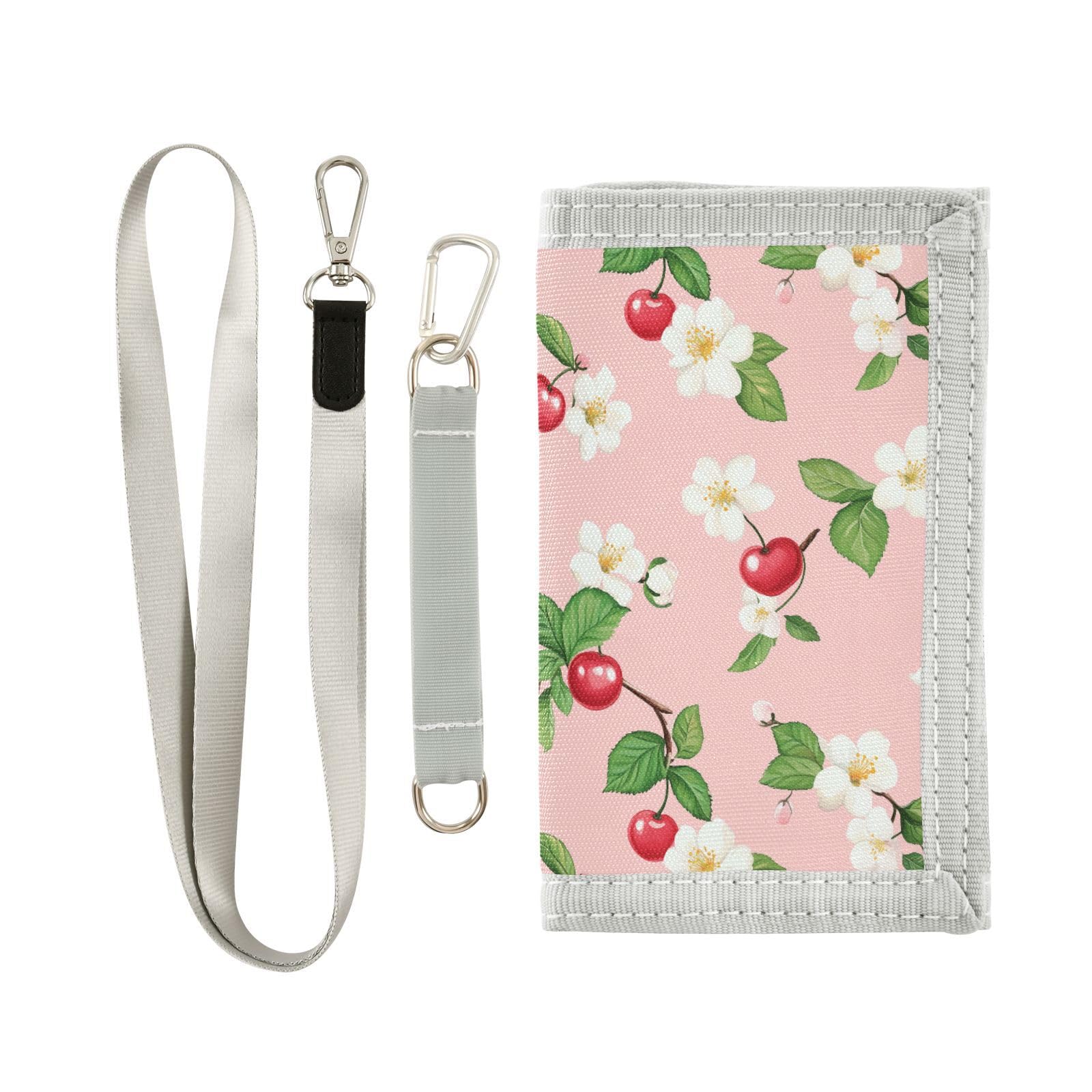 Sletend Flower Cherry Fruit RFID Trifold Canvas Outdoor Sports Wallet for Kids Front Pocket Wallet with Magic Sticker, Kids Wallets for Boys Girls