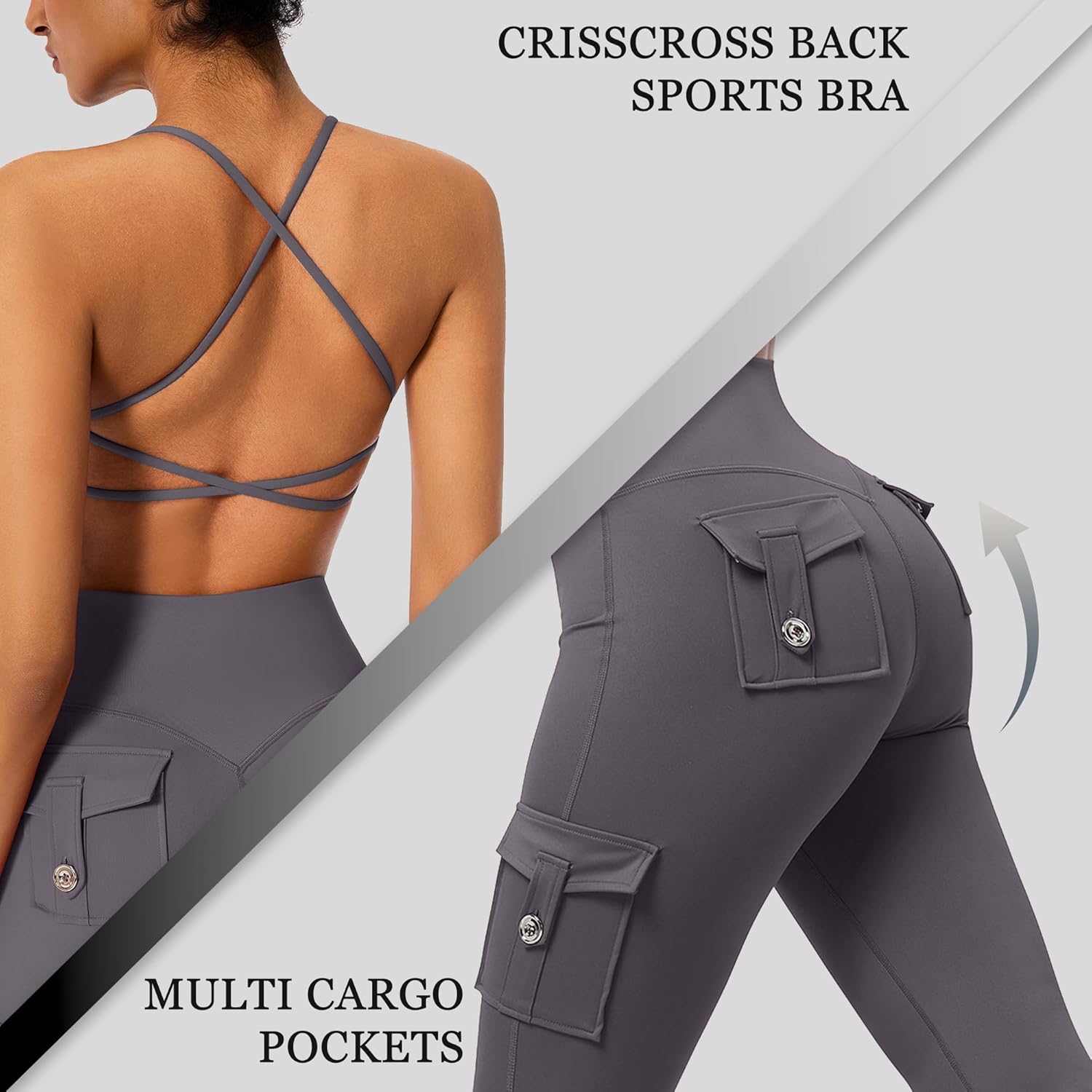 RXRXCOCO Women 2 Piece Workout Sets Flare Leggings with Pockets Butt Lifting High Waisted Cargo Gym Yoga Sets Pilates Outfits - Image 2