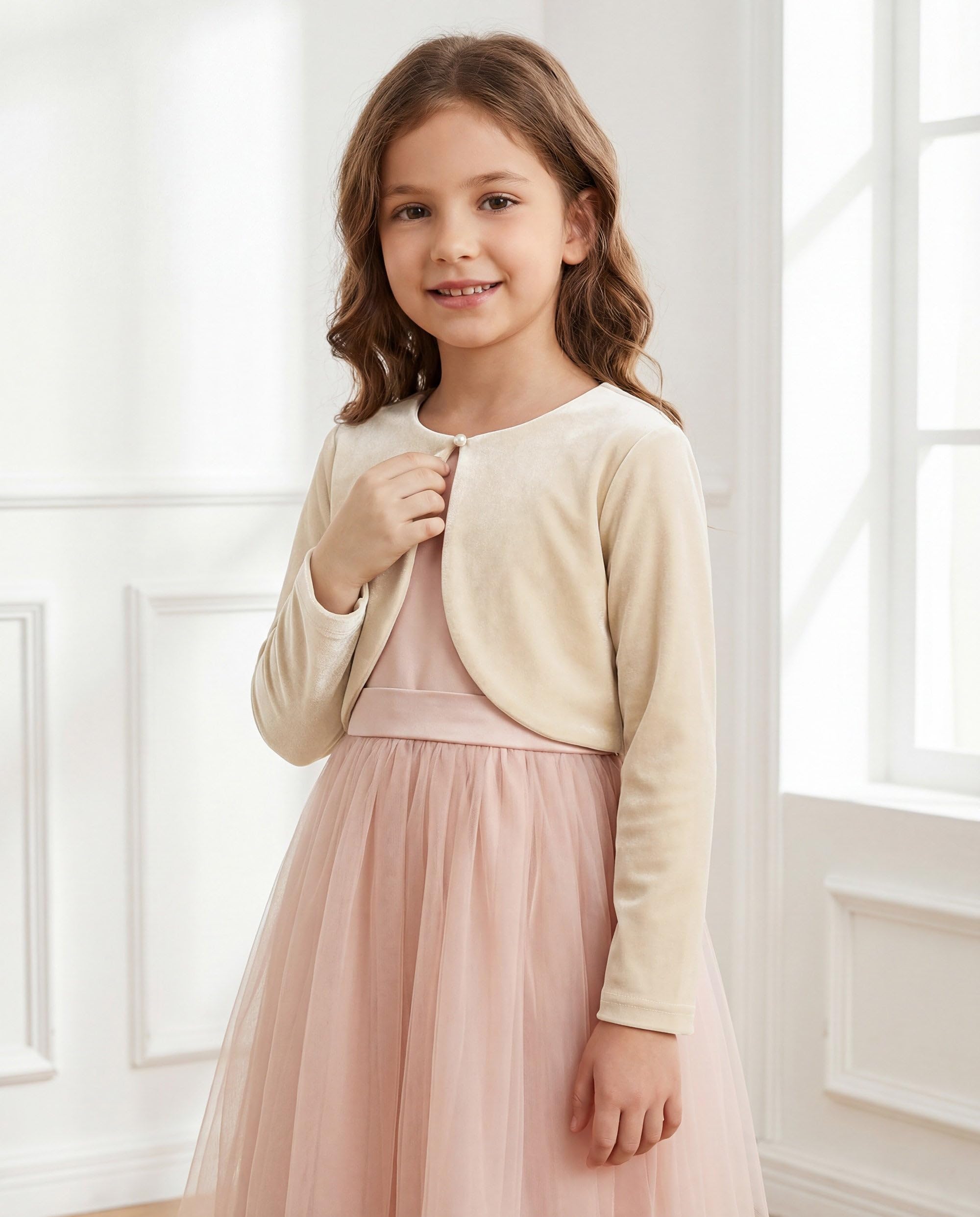 Bolerose Boléro Pull en Velours à Manches Longues pour Fille Enfant