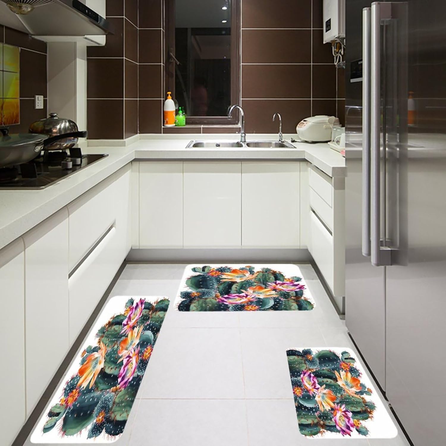 Blooming Cactus 3-Piece Kitchen Rug Indoor Door Mat | Non-Slip Kitchen Mat for Profile Absorbent, Moisture-Wicking and Breathable for Bathroom Laundry Room Bedroom Home Decor