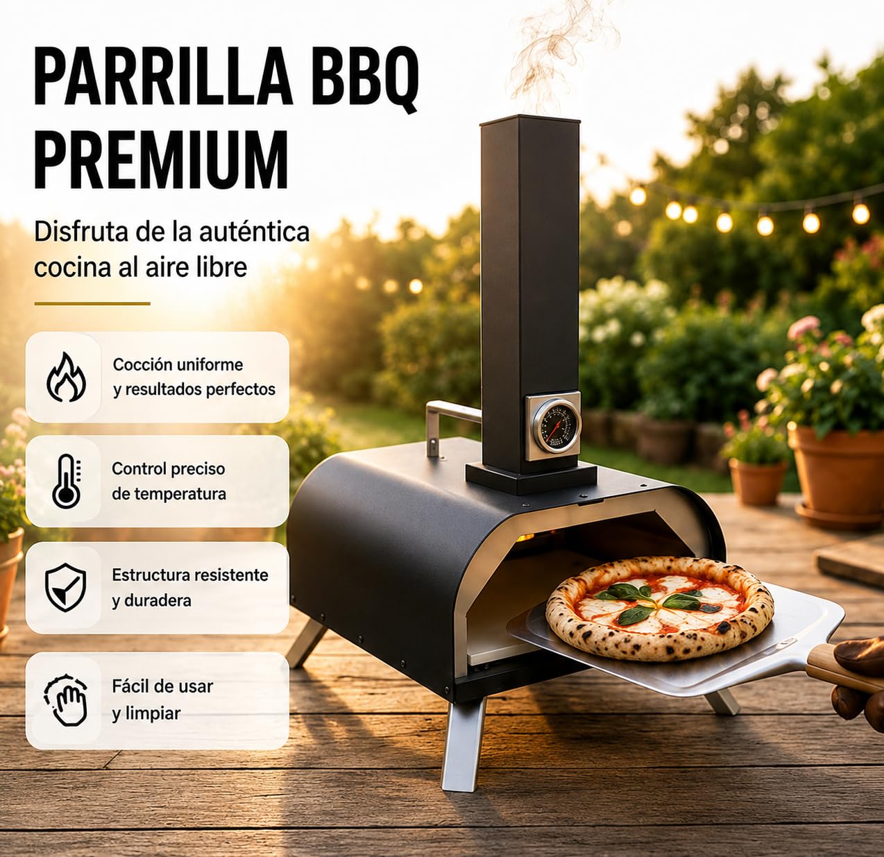 Horno de Pizza Portátil de Exterior – Horno BBQ de Acero con Revestimiento Resistente al Calor, Piedra Refractaria Incluida, Termómetro Integrado, Puerta de Acero Inoxidable y Pala para Pizza