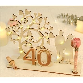 Wooden Money Gift 40 Years of Marriage - Ruby Wedding Decoration with Heart Tree & LED - 40th Wedding Anniversary Gift Idea