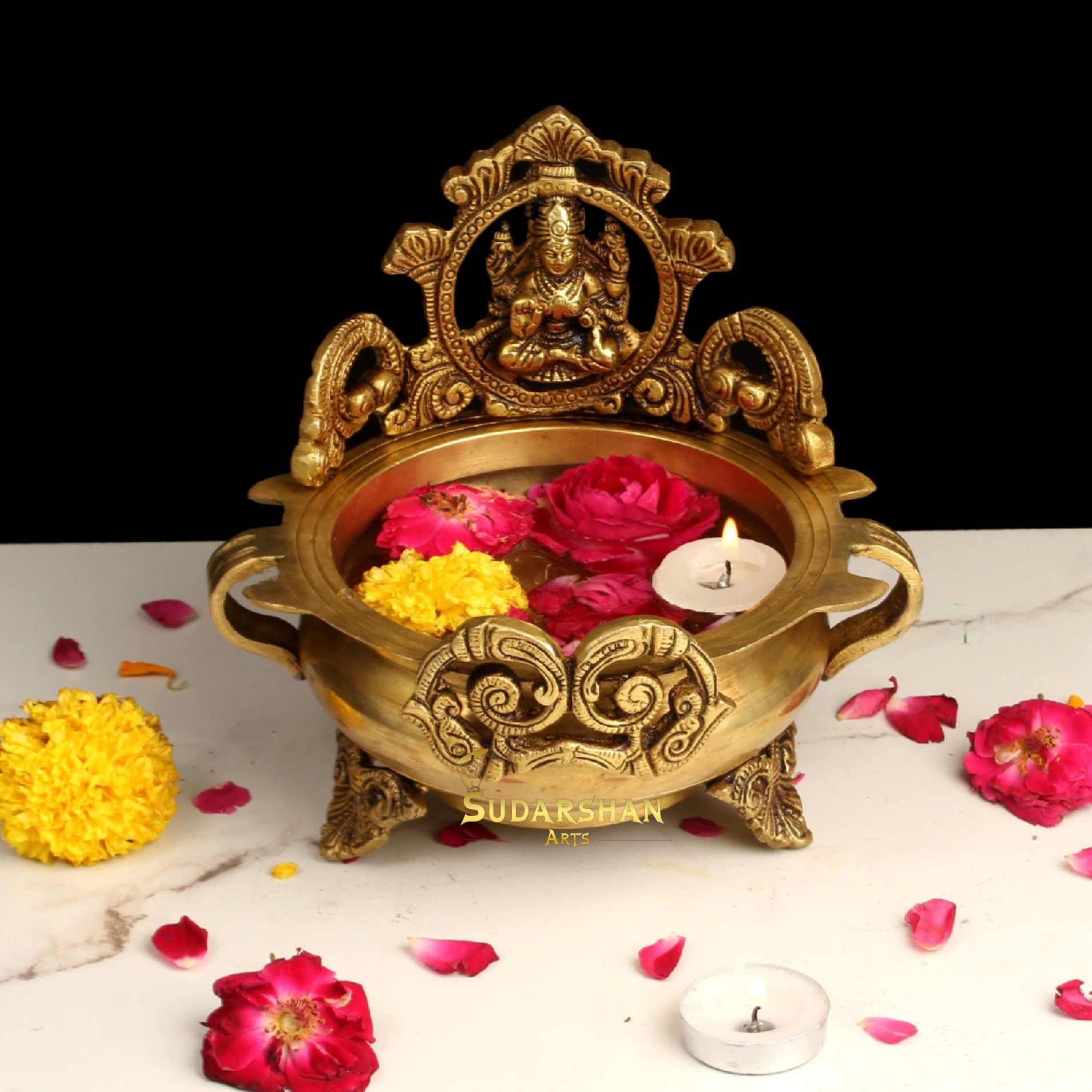 Sudarshan Arts Laxmi Brass Urli Diya lamp with Beautiful Design, Urli Decor, Urli Bowl with Maa Laxmi Idol, Indian Houseware Home and Temple Decor