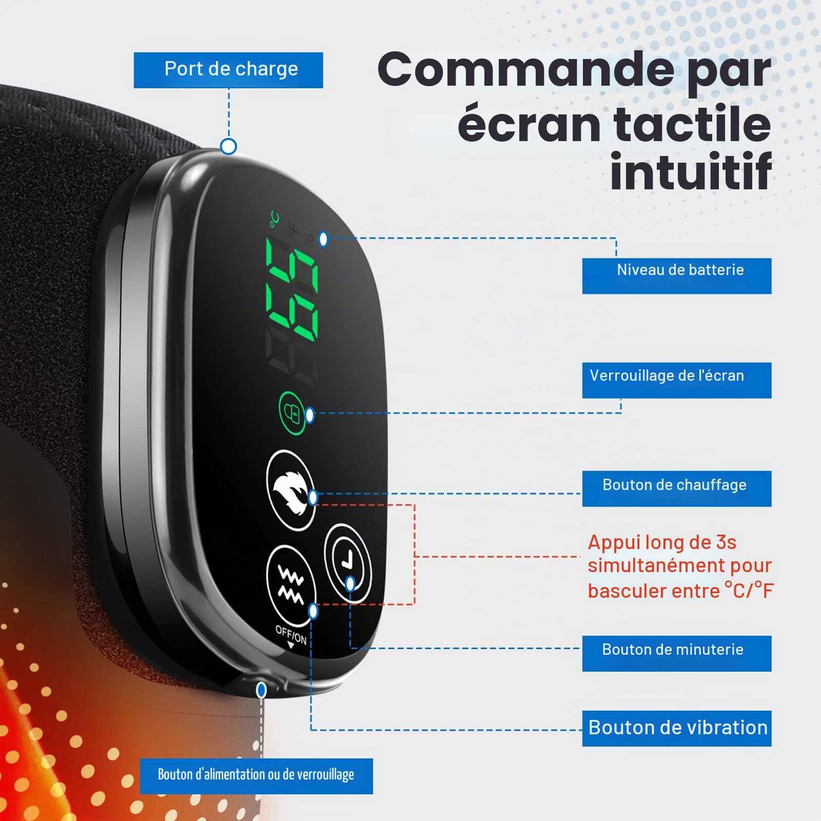 Genouillère Chauffante Sans Fil, Genouillère À Lumière Rouge Avec Contrôle Tactile, Coudière Portable À 5 Niveaux De Chaleur, 3 Modes De Massage, Minuterie, Batterie Intégrée 5000mAh Et 4 Moteurs