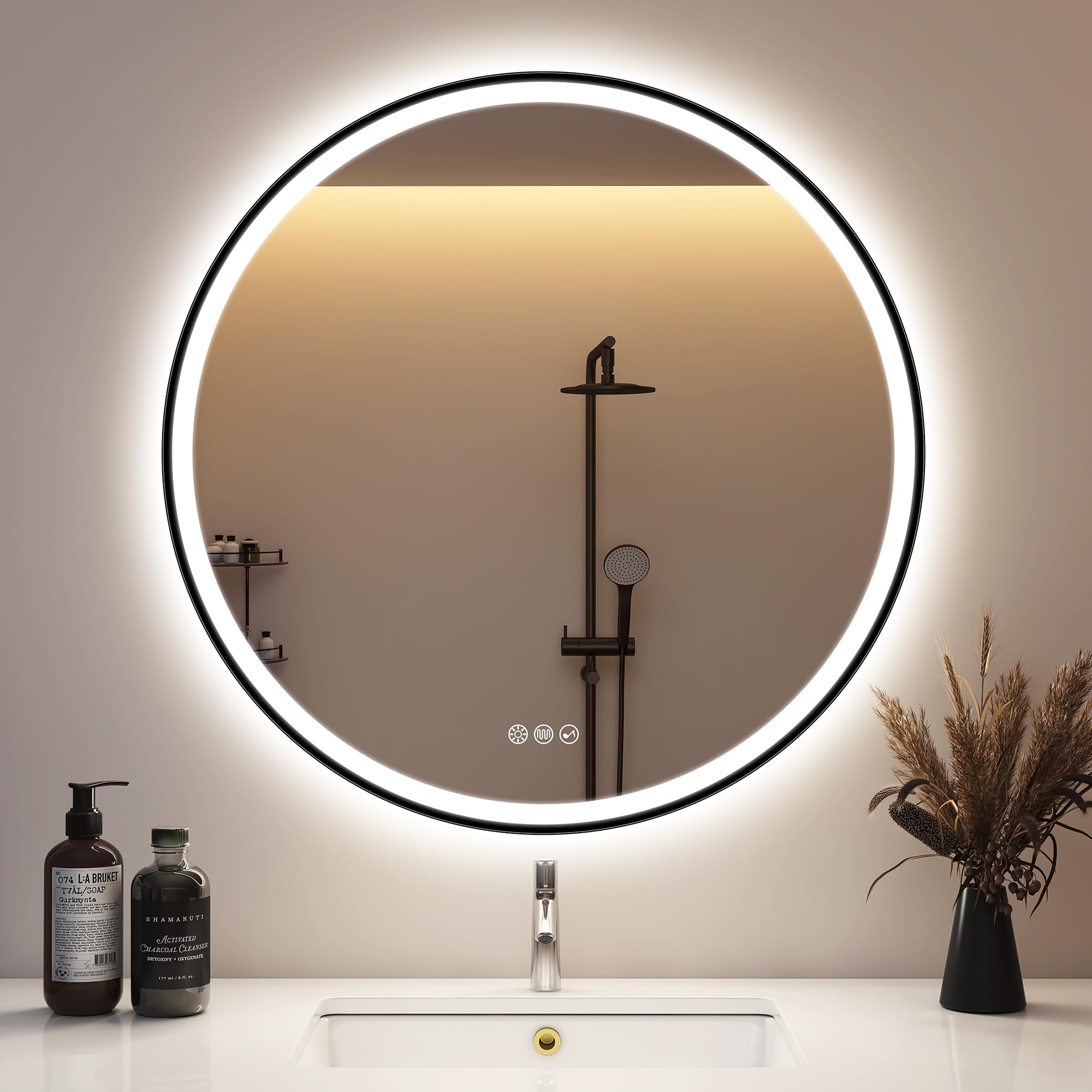 STARLEAD 800 mm Round-Bathroom-Mirror-with-LED-Lights and Bluetooth, LED-Bathroom-Wall-Mirror with Anti-Fog, 3 Colors Dimmable, Memory Function, Tempered Glass, IP44, Black Painted, Not Metal Frame
