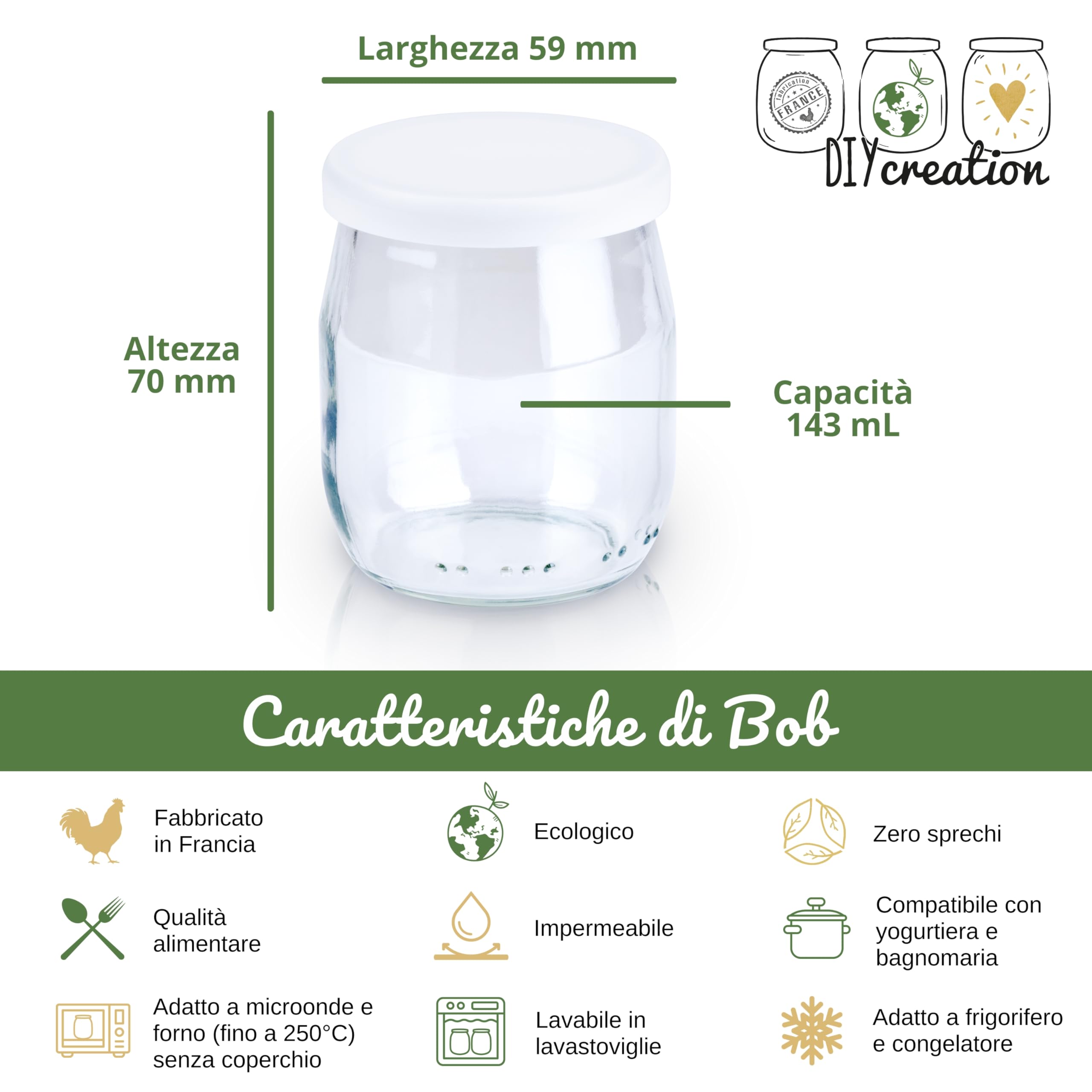 12 Vasetti in Vetro per Yogurt con Coperchi ermetici per Yogurtiera - Robot (Bimby, Magimix,ecc.) - Vasetti Vetro piccoli per neonati - fabbricazione francese - 125 g/143 ml
