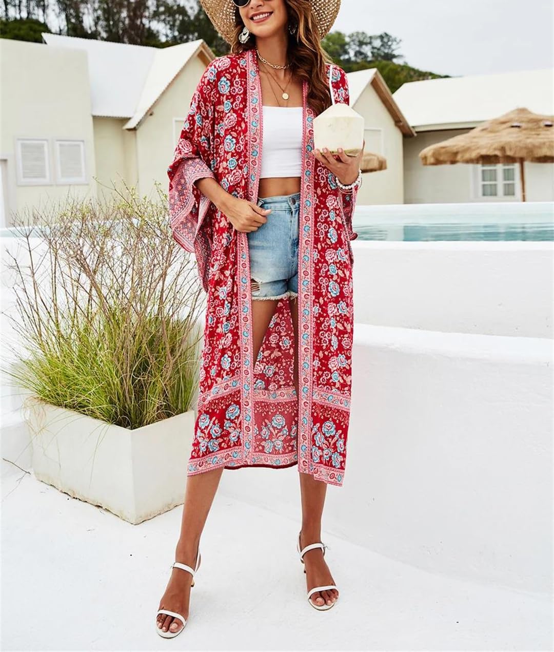 Wjnvfioo Kimono vintage con stampa floreale da donna con scollo a V e maniche a pipistrello