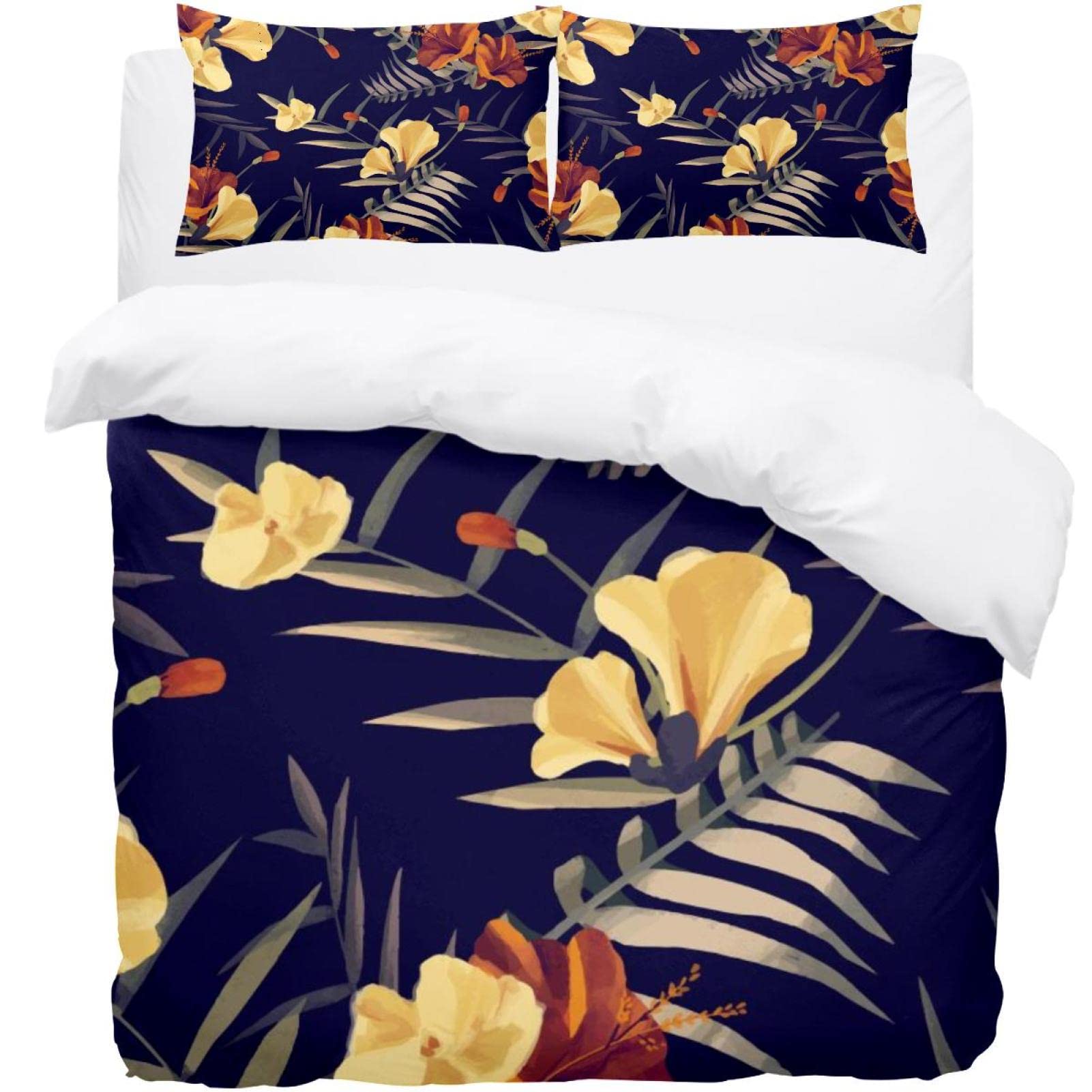 Housse de couette ultra douce motif floral tropical noir et ses 2 taies anti-plis