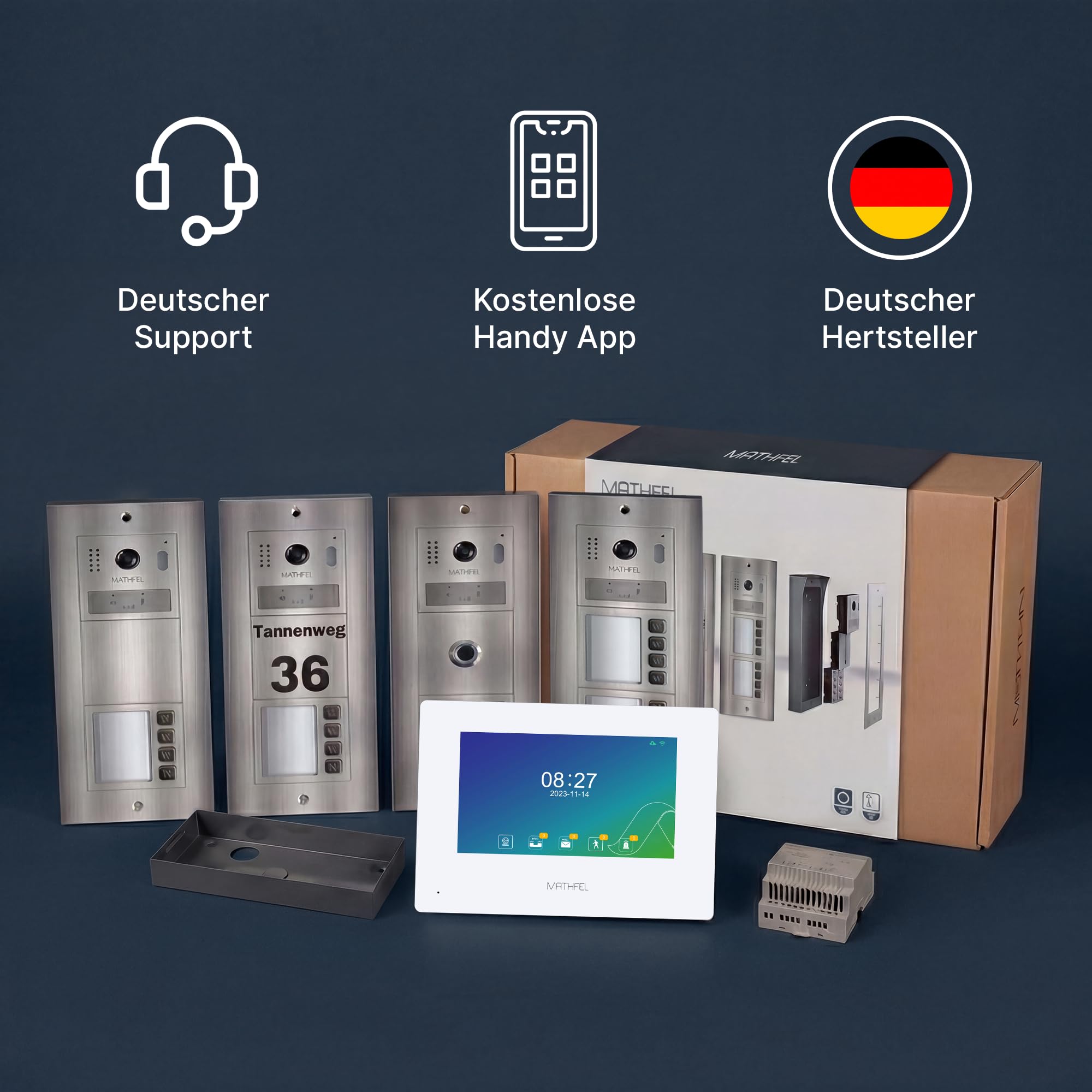 MATHFEL 2 Draht Bus Technik 4 Familienhaus Video Türsprechanlage Gegensprechanlage Fischaugenkamera 170 Grad, 4x7'' Monitor mit WLAN