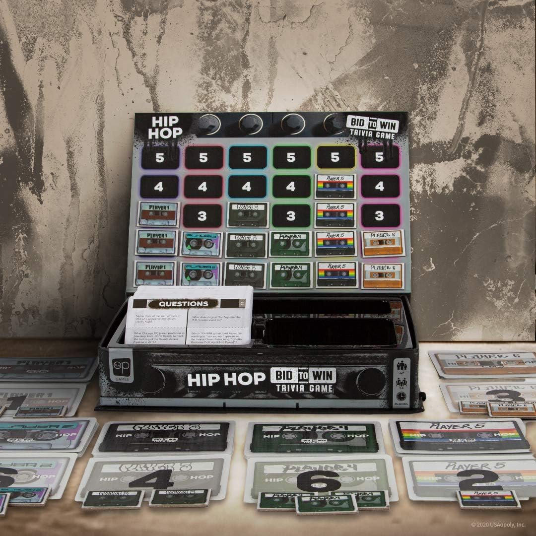 USAOPOLY Hip Hop Bid to Win Trivia Game | Music Board Game Featuring 600 Questions with a Hip Hop Trivia Theme | Custom Game Box Converts from Boom Box into Gameboard | Collectible Board Game