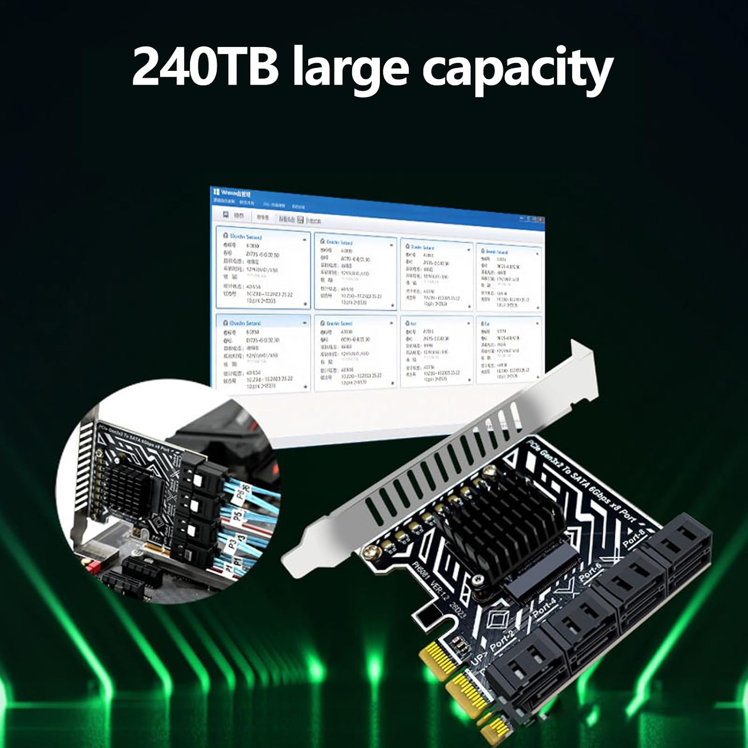 ATA Storage Controller Card, 8 Port Internal Drive Expansion Board with Gen3 Interface for Desktop Towers HBA Board Host Bus Adapter Internal Drive Card Archive Backup Media Tower Extender