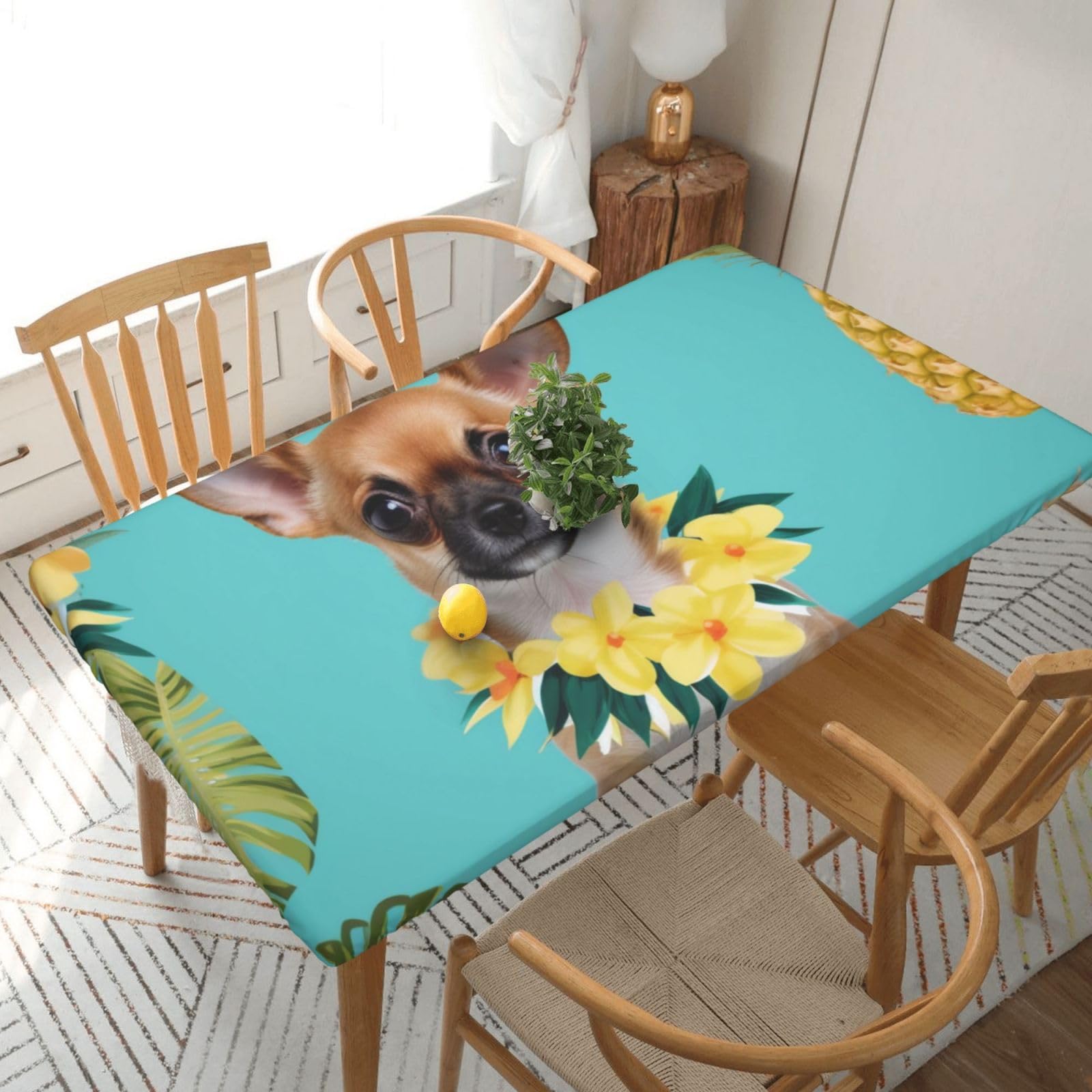 WPKJU Chihuahua Dog Pineapple Printed Tablecloths 5ft Rectangular Table Covers Washable Polyester Decorative Table Cloth for Dining Table Picnic Wedding