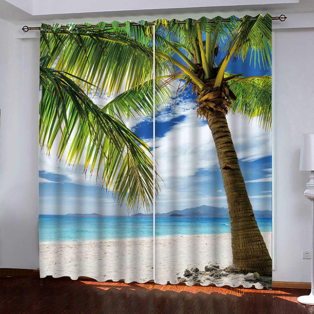 Draperies intérieures opaques haut plafond palmiers et mer pour salon élégant