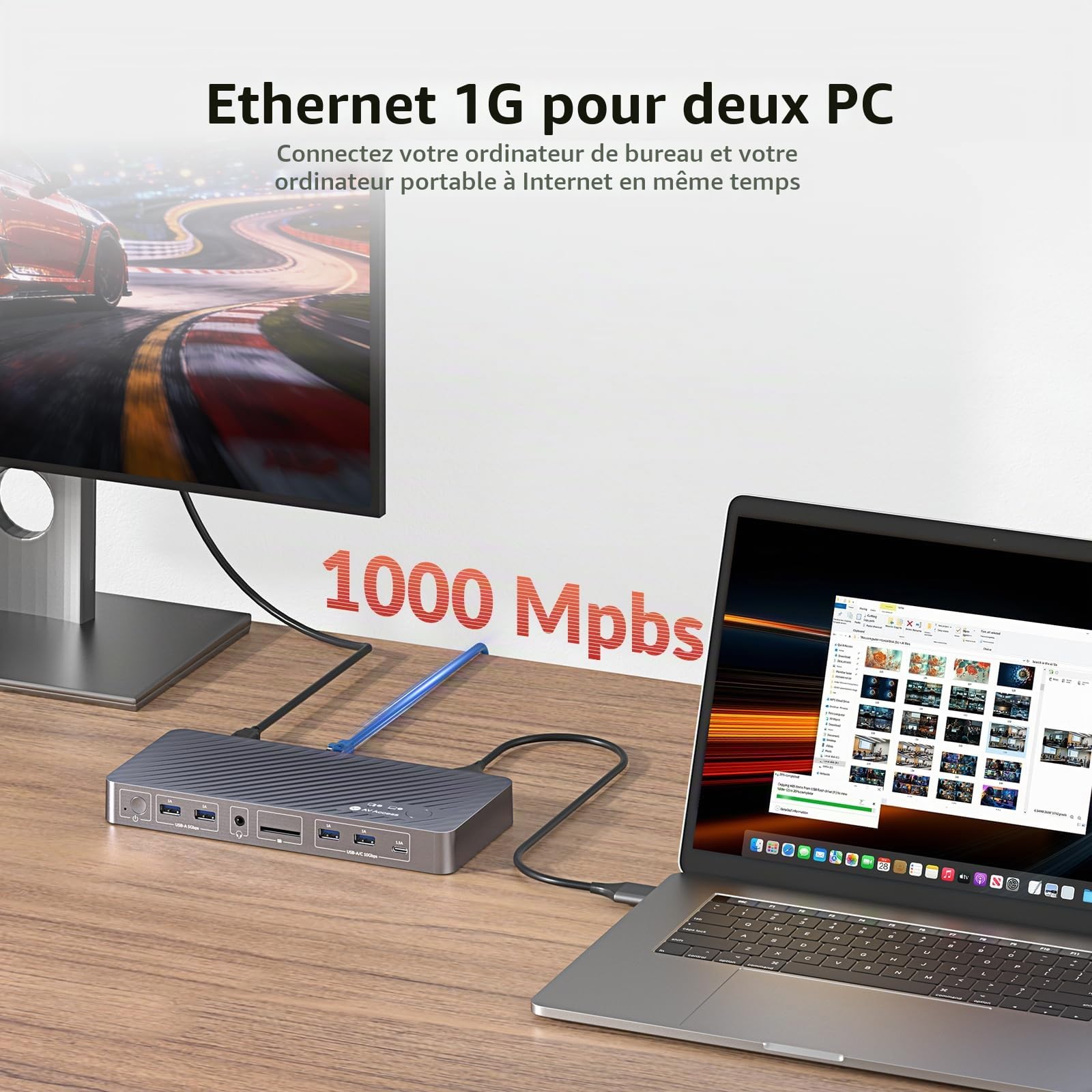 AV Access Station d'accueil commutateur KVM pour MacBook, KVM Switch USB C 2 moniteurs 2 PCs, Double Affichage HDMI 4K, Commutation 1 Portable + 1 Bureau, Ethernet, Charge Rapide 100W, émulation EDID