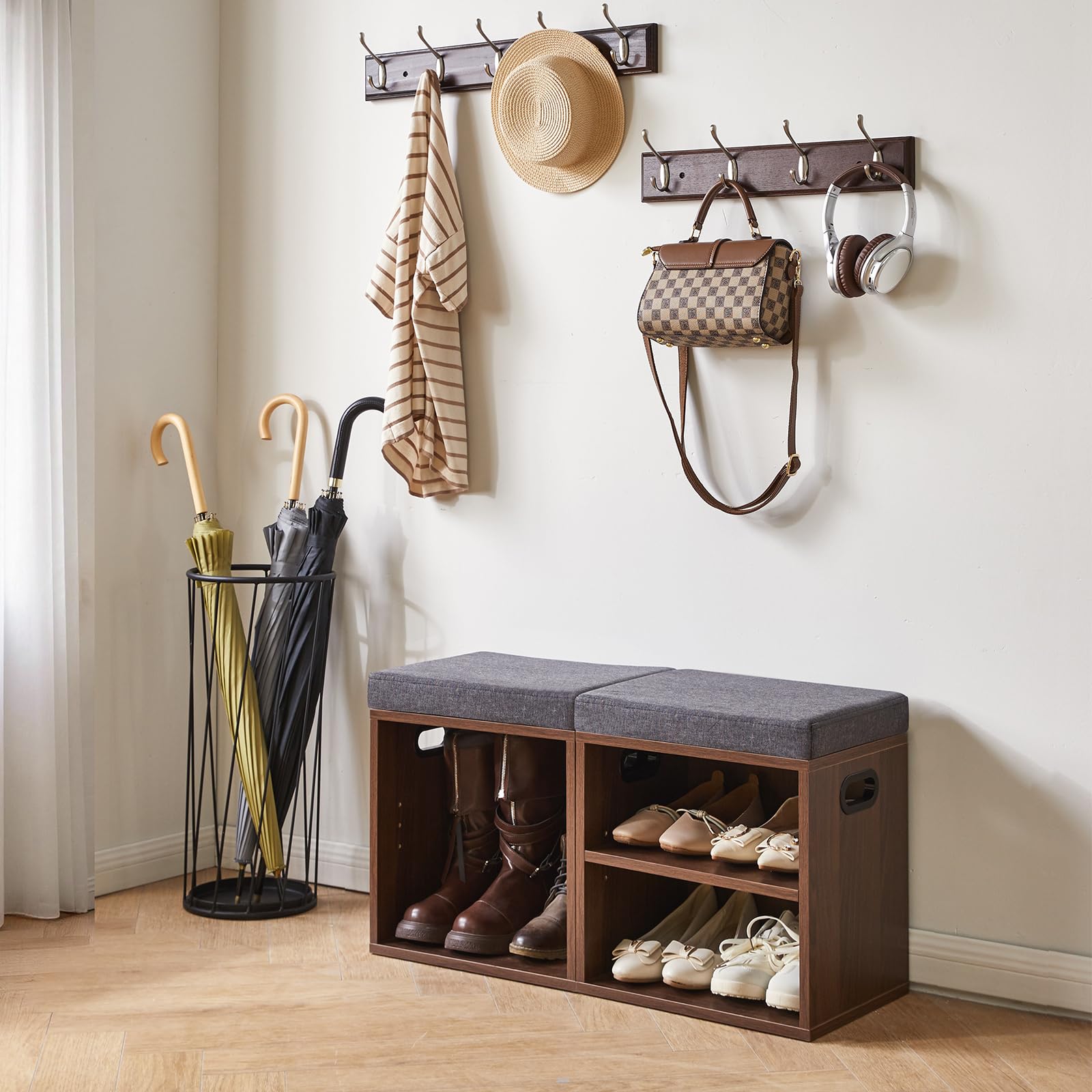YMYNY Banco Zapatero con Asiento de 2 Niveles, Zapatero pequeño, Estante Regulable en 3 Alturas para Sala de Estar, Pasillo, Dormitorio, 42 x 39 x 28 cm Nogal Claro - HBD028LW
