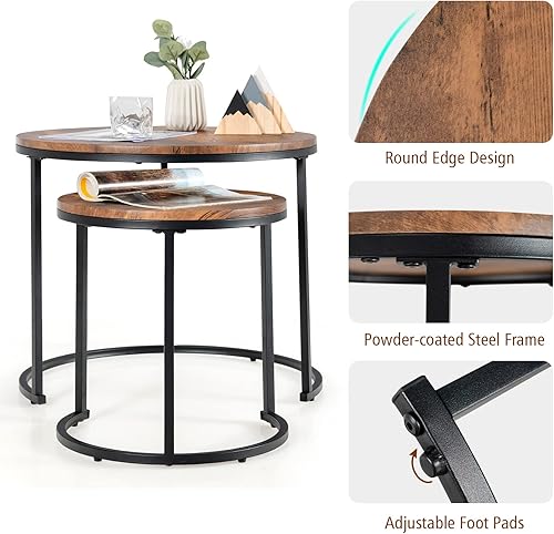 Miniatura 5 de Giantex Juego de 2 mesas auxiliares redondas apilables con mesa de madera y marco de acero, mesas auxiliares vintage que ahorran espacio para sala