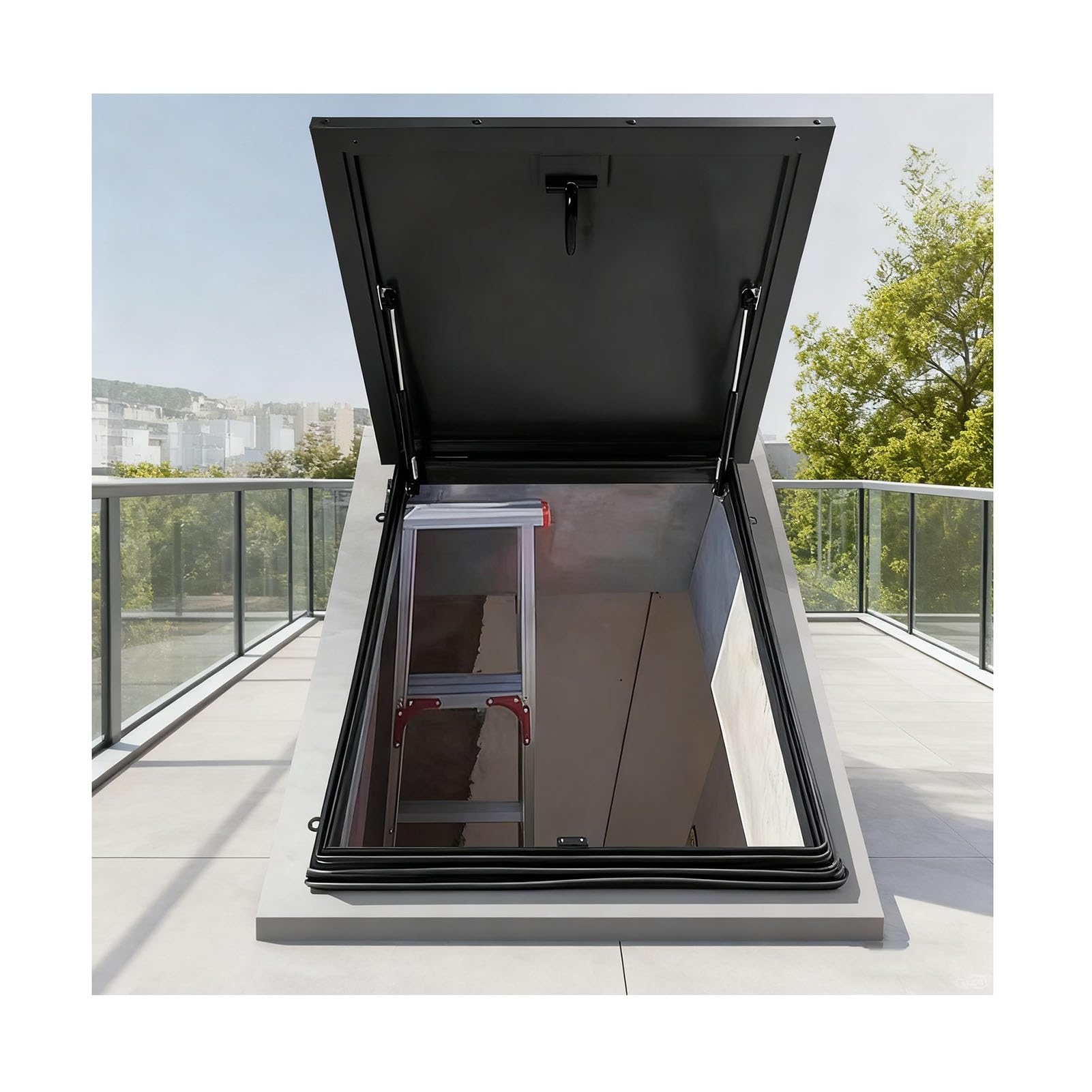 Claraboya Puerta Acceso Al Techo, Tapa Hidráulica Aluminio 90° para Espacio Bajo El Piso con Manija, Tapa Acceso Emergencia Hermética Ventilación Escape(85X85CM)