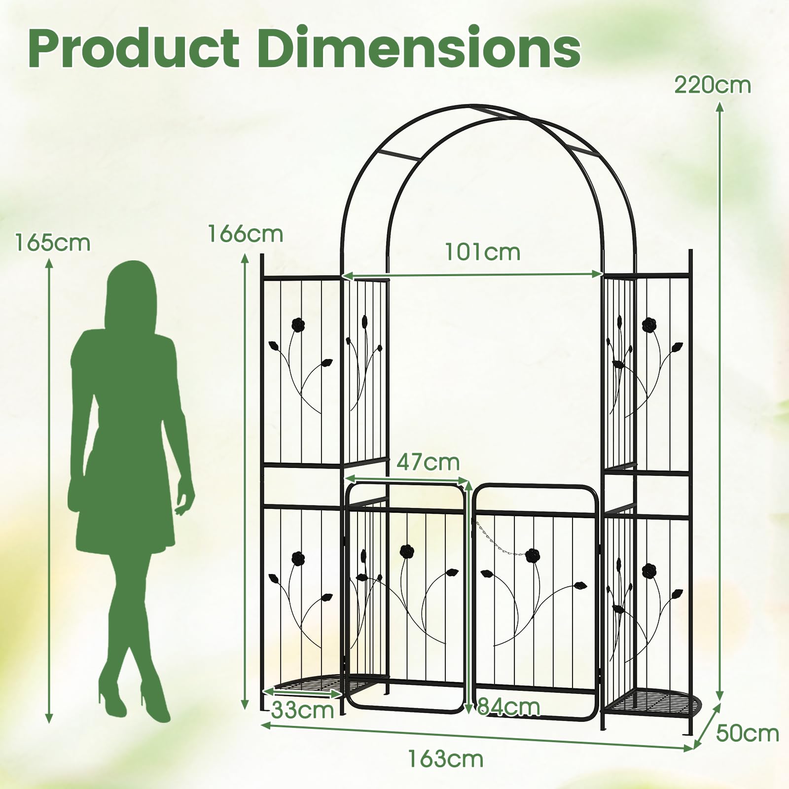 HOMASIS Rosenbogen mit Tür, Metall Gartenbogen mit Rankgitter & 2 Pflanzkästen, Gartentor stabil wetterfest, Rankhilfe für Kletterpflanzen, Spalier Torbogen für Hochzeit Garten Partys (163x50x220cm)