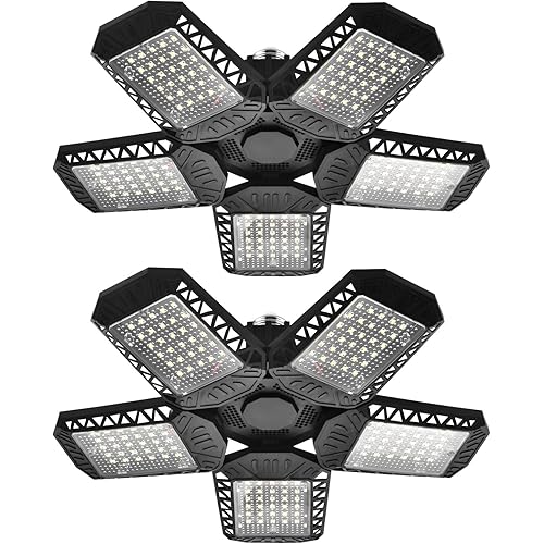 2 Pack LED Garage Lights, 120W Deformable LED Garage Ceiling Lights with 5 Adjustable Panels,12000LM LED Shop Lights for Garage Workshop Basement Support E26/E27 Screw Socket (2 Pack)