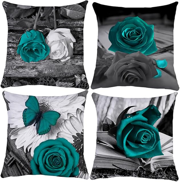 QUALKNOY Set of 4 Cushion Covers 18"x18" Teal Green Flower Linen Modern Art Decorative Throw Pillow cases 45 x 45cm for Living Room Sofa Outdoor Pillowcases
