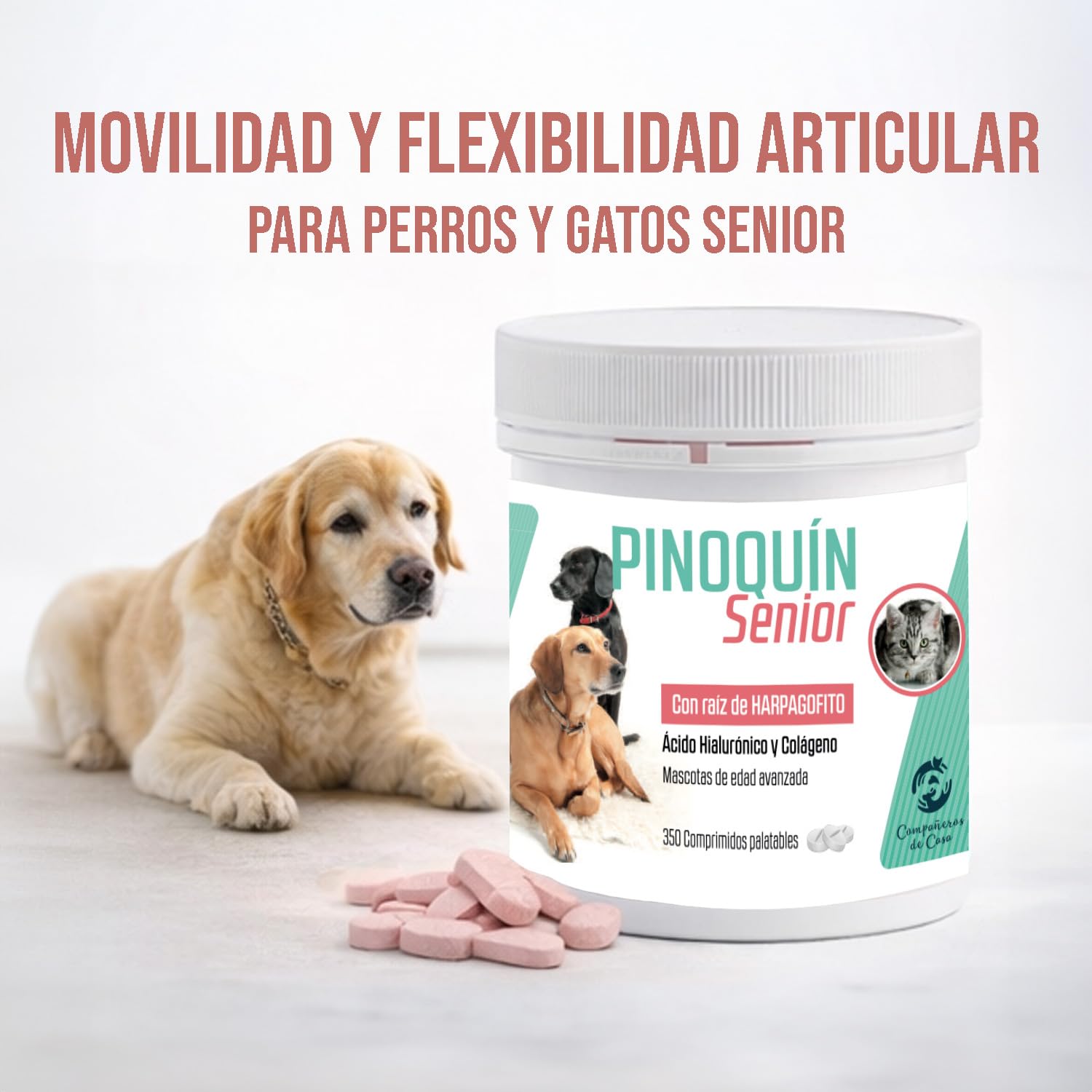 Laboratorios Pino Pinoquin Senior Condroprotector para Perros y Gatos Senior con Glucosamina, Condroitina, MSM, Harpagofito, Colágeno y Ácido Hialurónico, 350 Comprimidos