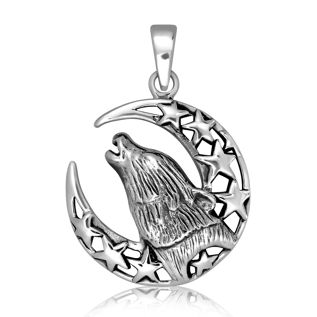 WithLoveSilver 925 Sterling Silver Howling Wolf Totem Amulet Crescent Moon and Stars Pendant