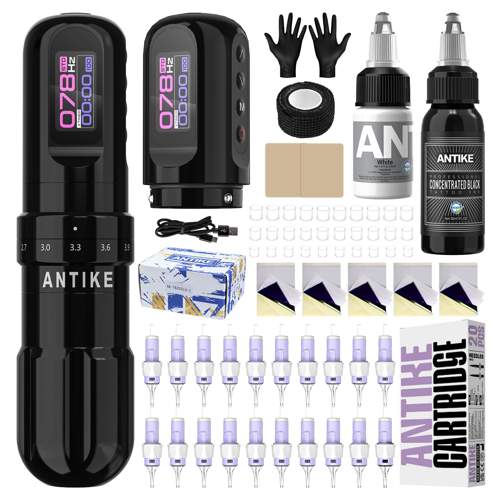 ANTIKE Wireless Tattoo Pen Kit, Rotary Tattoo Machine Kit with 2 Batteries, 7 Adjustable Strokes, Cartridge Needles, Tattoo Transfer Paper, Inks and Practice Skin for Artists, AK-TKE551A-1