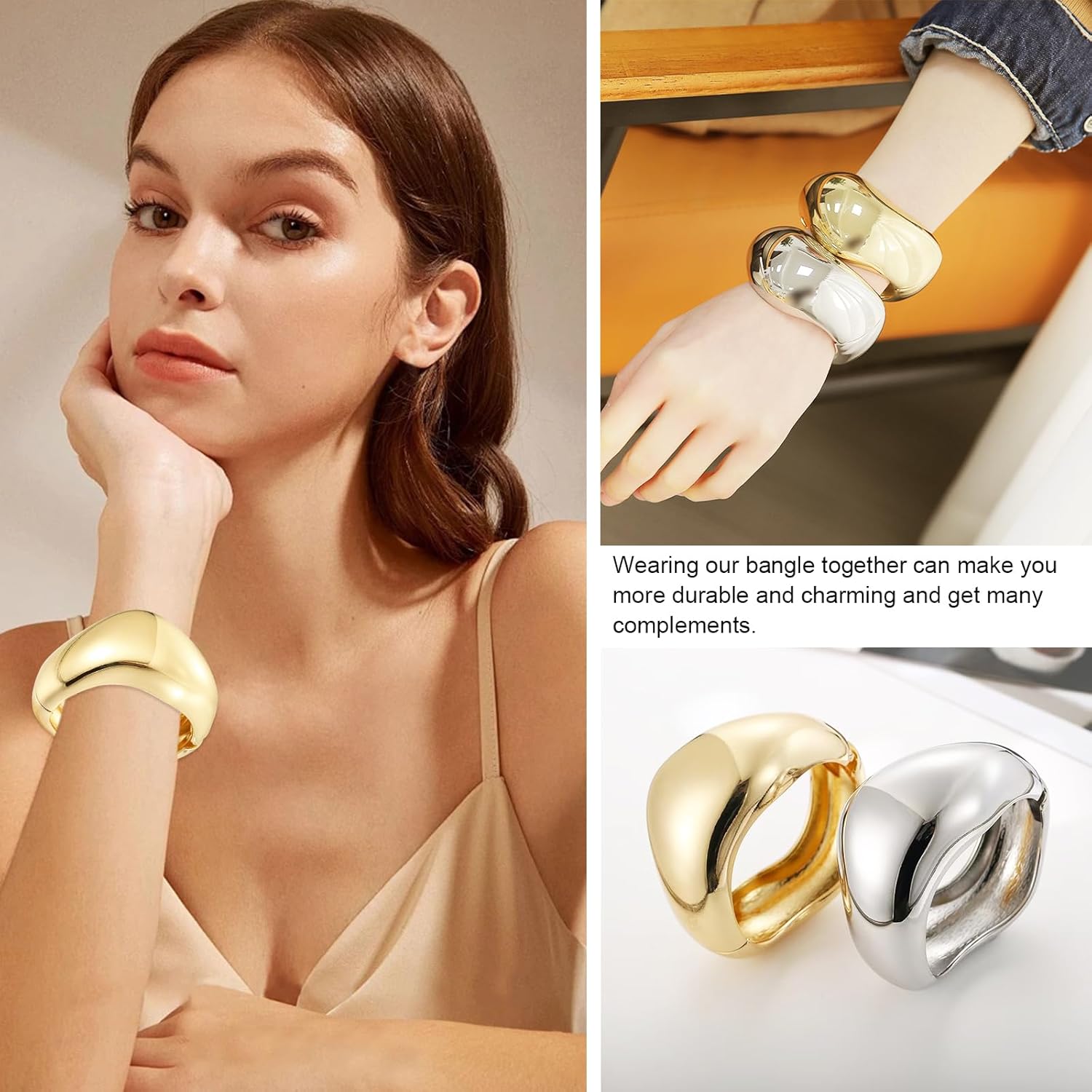 YMBYCM Chunky Gold-plated Bangle Bracelets for Women Trendy Wide Chunky Cuff Bracelets Hammered Irregular Wrist Cuff Wrap Bracelet - Image 4