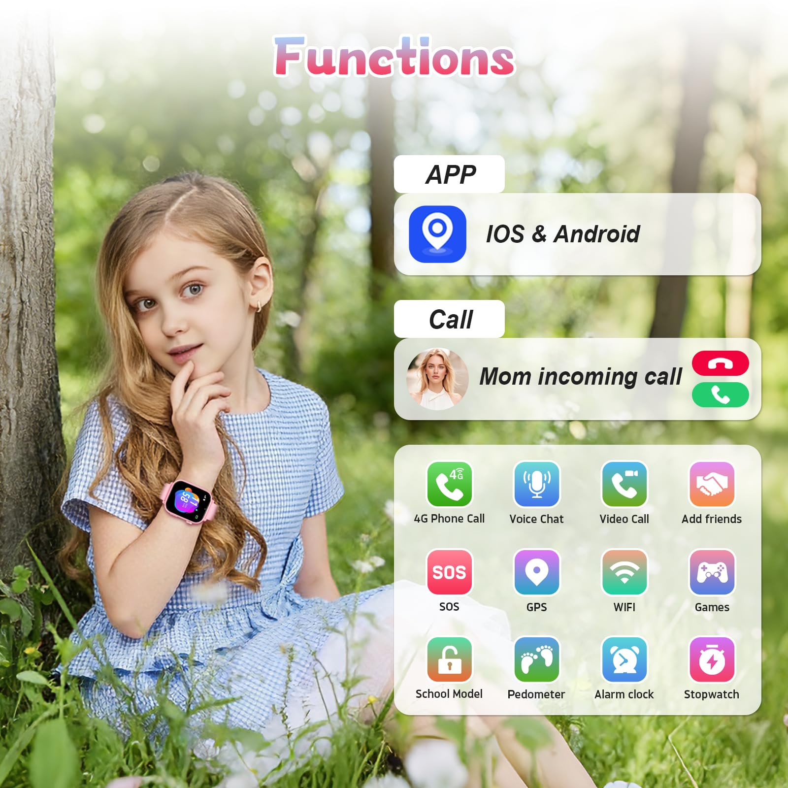 PTHTECHUS Smartwatch Kinder GPS und Telefon, 4G Uhr Kinder Smartwatch | Videoanruf, Voice Chat, Schulmodus WiFi SOS Spiele Wecker, Schrittzähler, Kinderuhr für Mädchen Jungen 4-12 Jahren, Rosa