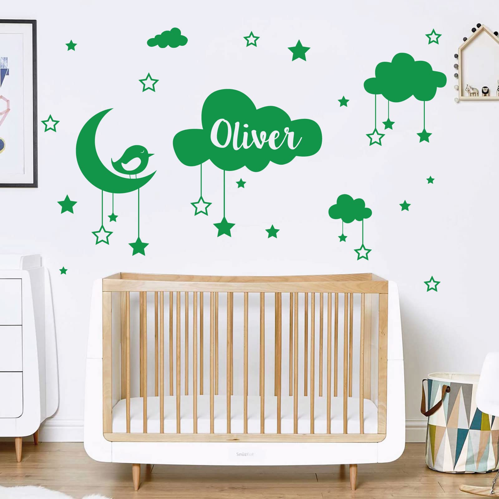 Personalised Name Baby Wall Sticker - Clouds, Stars, Moon & Bird [Medium] [Cactus]