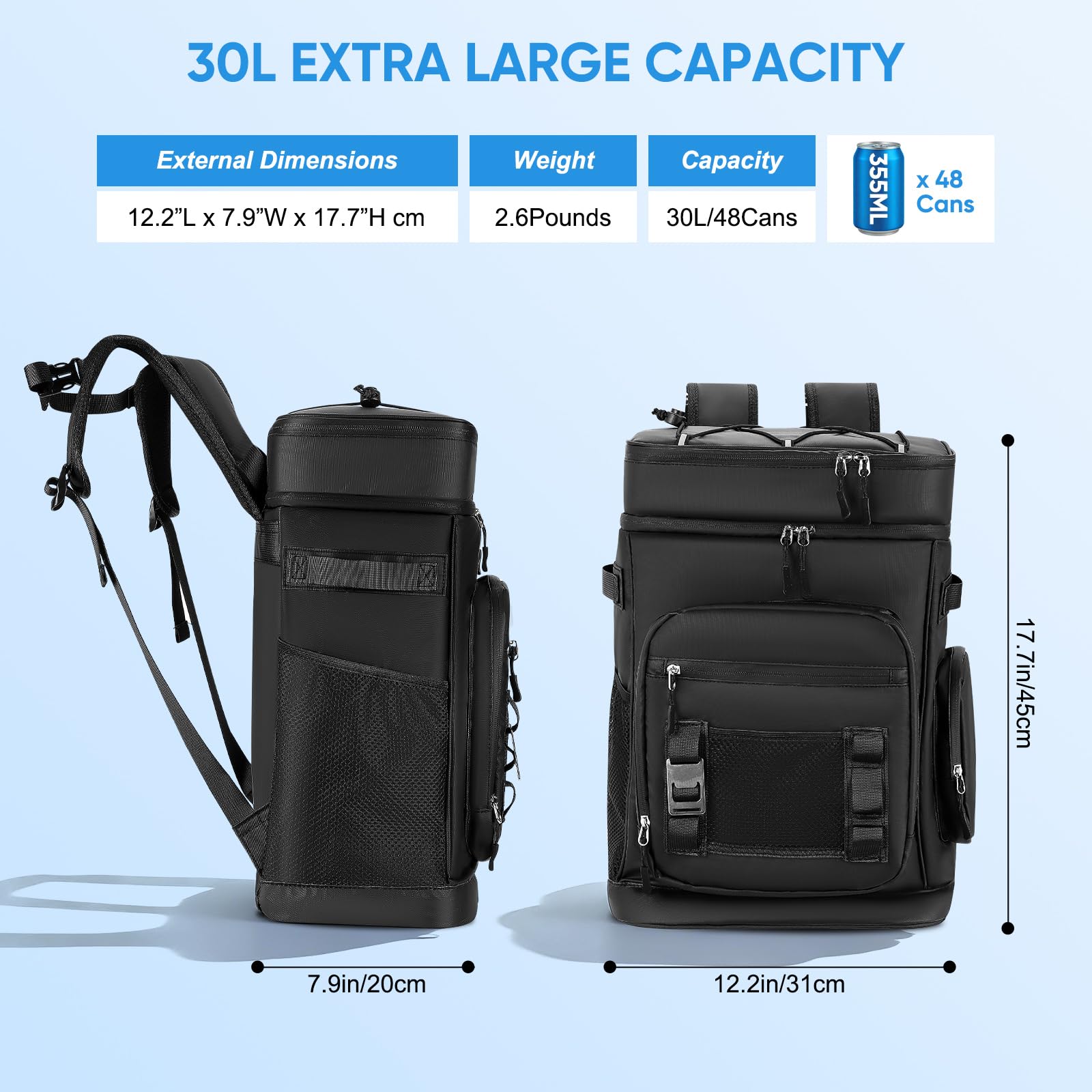 Grande zaino termico impermeabile, capacità 48 lattine, zaino da campeggio isolato con cinghie portatili, borsa termica a prova di perdite, per spiaggia, picnic, escursionismo, 30 l, nero