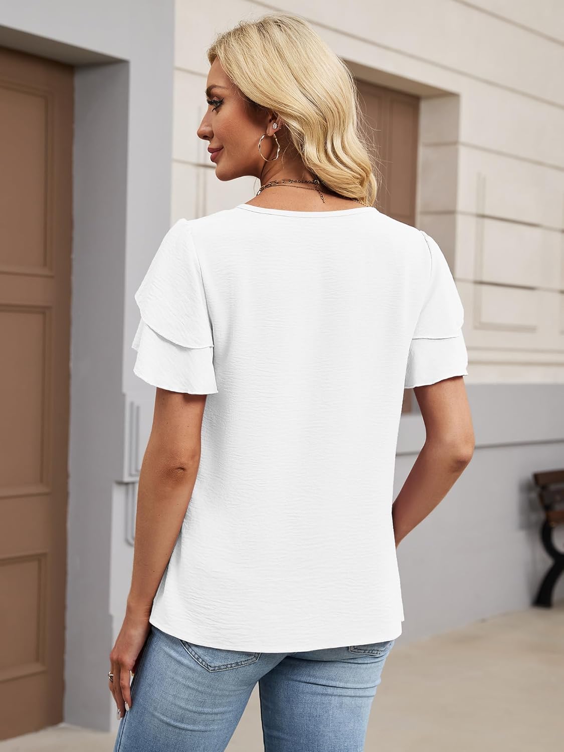 Chulianyouhuo Women Dressy Casual Textured Tops Ruffle Short Sleeve T Shirts Cute V Neck Pleated Summer Business Work Blouse - Image 6