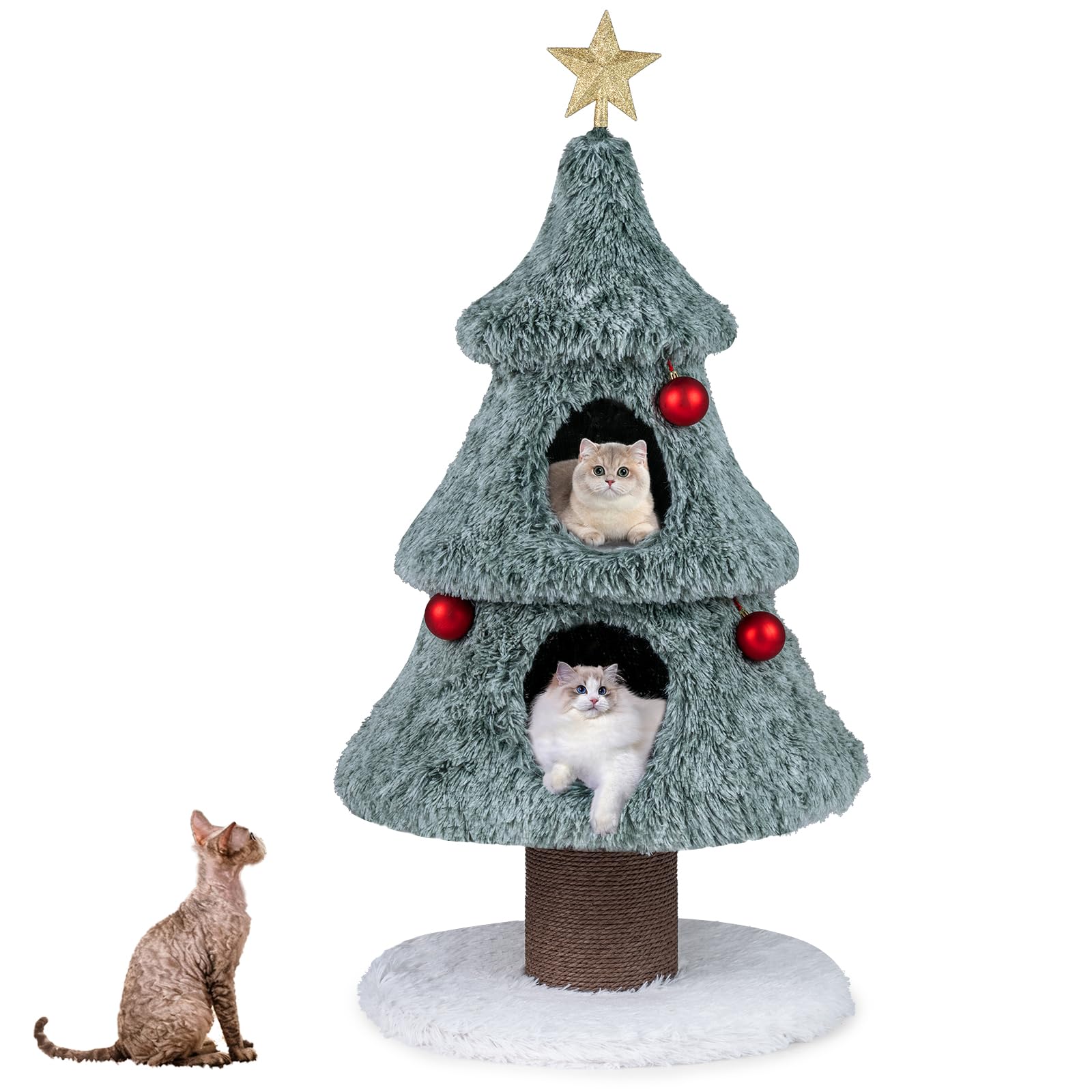 GYMAX 123 cm Kratzbaum Weihnachten, Katzenbaum mit 2 Höhlen, Sisal-Kratzsäuln & Kiefern-Stützsäulen, waschbarer Veloursbezug, Katzenkratzbaum Weihnachtsbaum, Aktivzentrum für Kätzchen, Grün