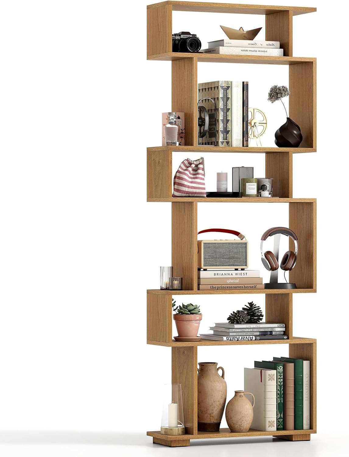 Tangkula 6-Tier S-Shaped Bookshelf, 64" Freestanding Geometric Bookcase, Home Office Wood Storage Shelf with Anti-Toppling Device, Room Divider Display Rack for Study, Living Room (1, Natural)