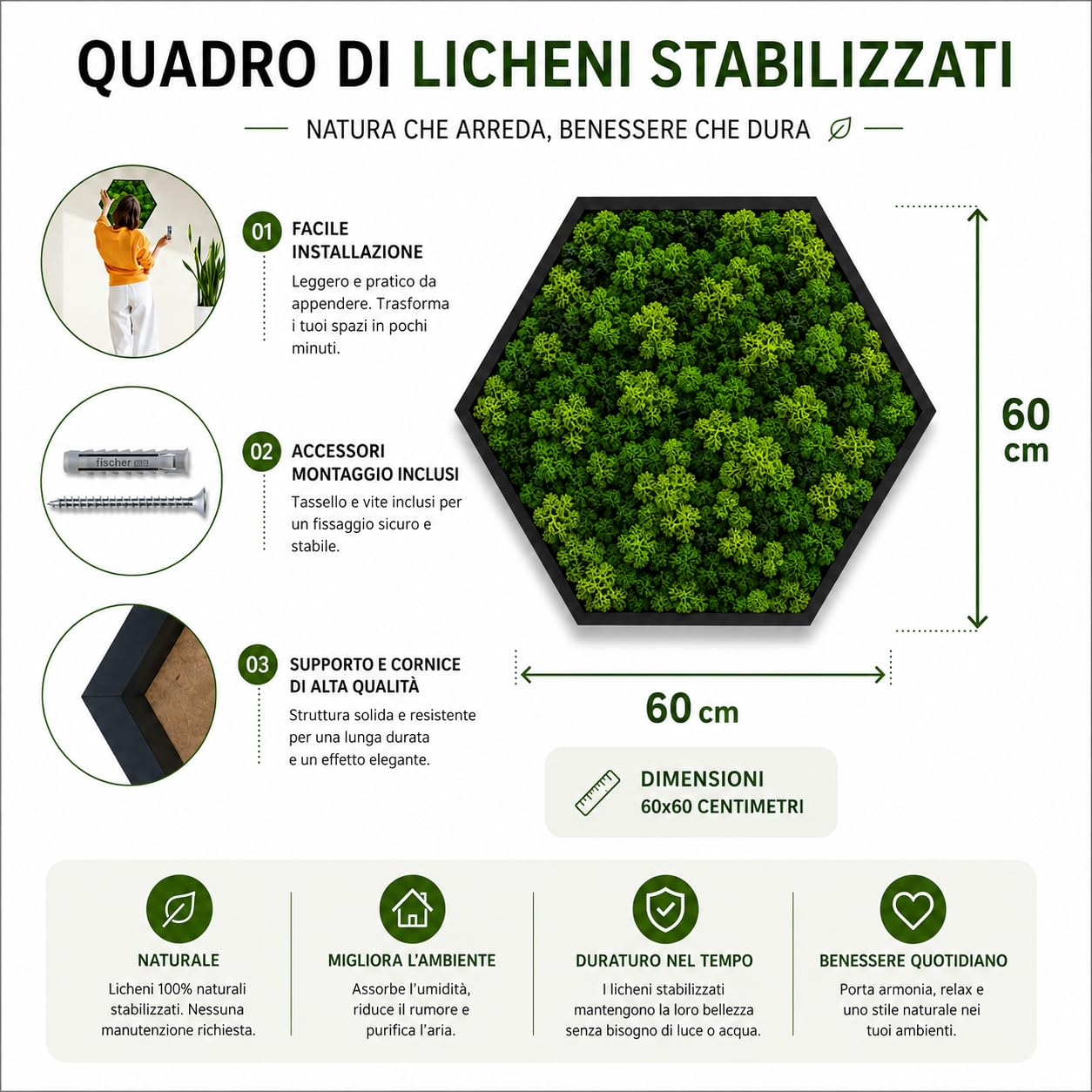 Quadro Esagonale Verde Stabilizzato con Muschio e Licheni Naturali - Decorazione Vegetale di Design per Casa e Ufficio - Senza Manutenzione (Esagonale 60x60 cm, con Cornice)