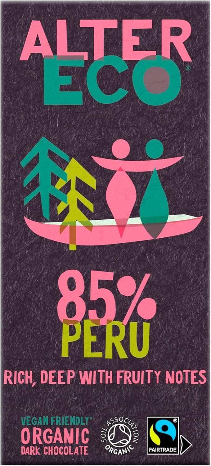Alter Eco 85% Peru Dark Chocolate Bar, Vegan Chocolate & Organic Chocolate, Luxury Fairtrade Chocolate, Single Low Sugar Chocolate Bar, Eco Conscious Vegetarian Chocolate, GMO Free - 1 x 100g