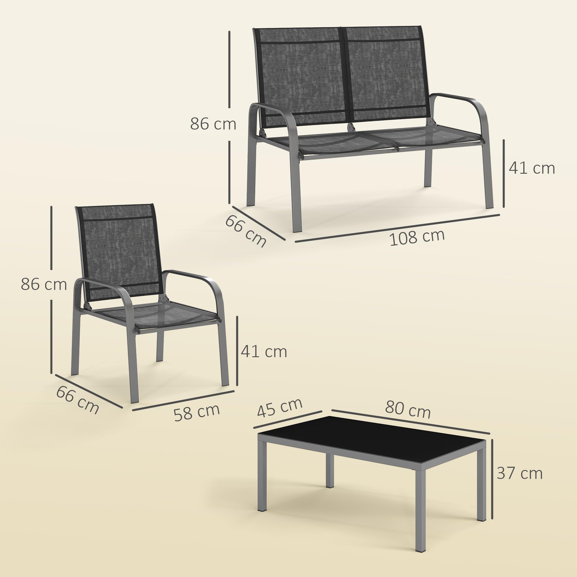 Outsunny Set Salotto da Giardino 4 Pezzi, Divanetto Esterno 2 Posti Schienale Regolabile, Tavolo Caffè Vetro, Impermeabile Acciaio Textilene Nero
