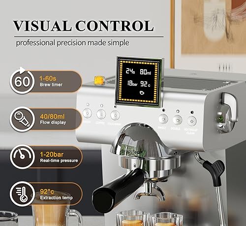 Miniatura 2 de Máquina de café expreso de 20 barras con espumador de leche de vapor, cafetera de café espresso de acero inoxidable con pantalla LED, cafetera fría