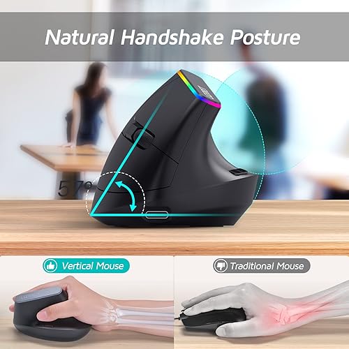 Miniatura 2 de LIZRROT Mouse ergonómico inalámbrico, mouse vertical RGB, 800-1600 DPI, 6 botones recargables 2.4G USB mouse para laptop, escritorio, PC, MacBook -