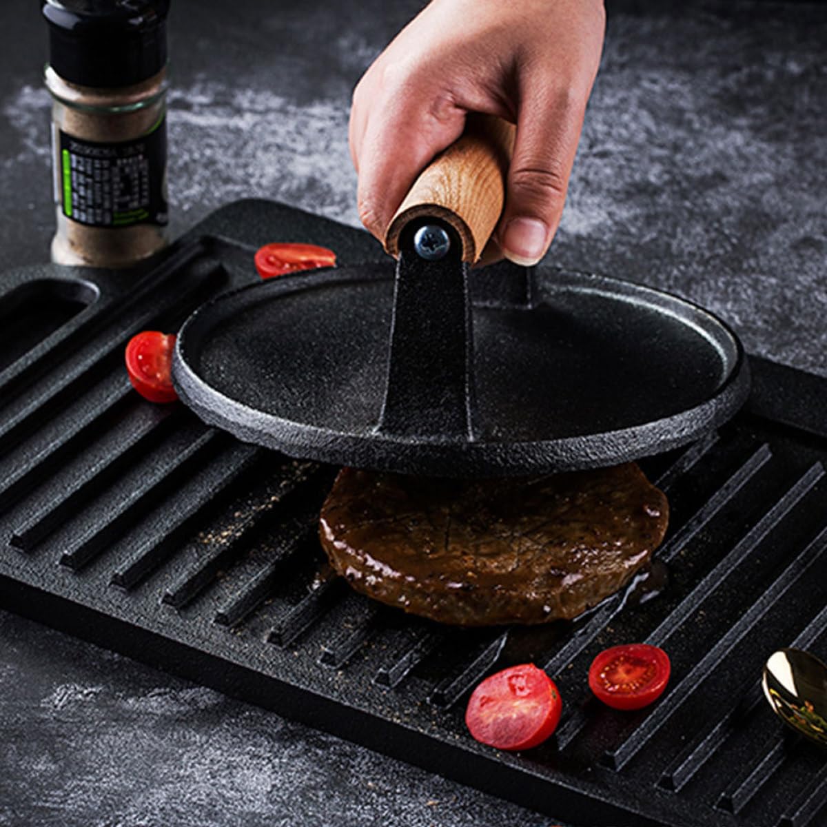 Prensa de Carne Mango de Madera Redonda de Hierro Fundido Herramienta Cómoda para Moldear Hamburguesas y Asados Parrilla