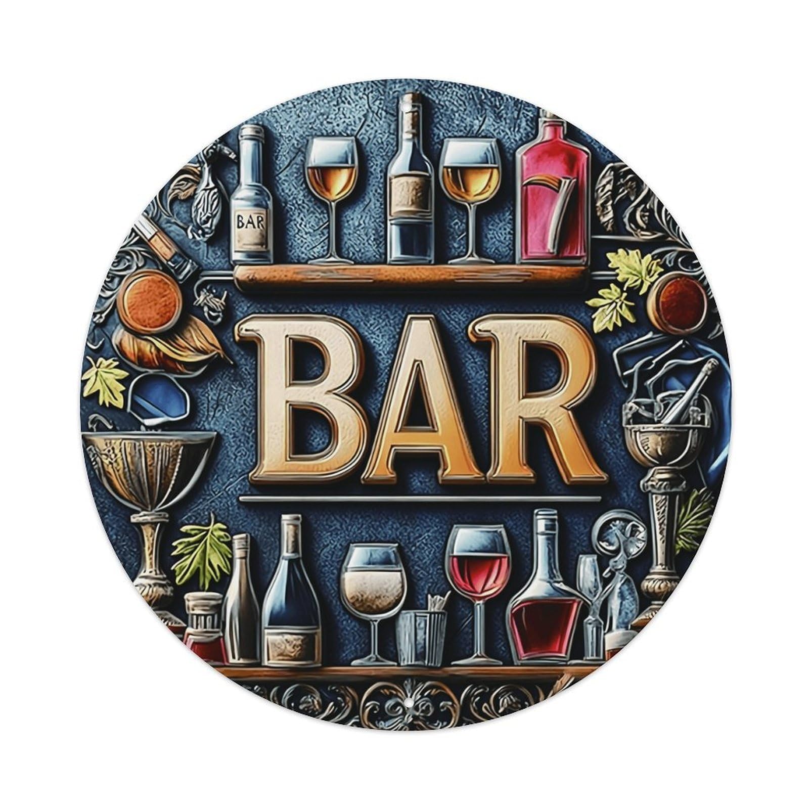 Bar Themed Round Vintage Decor Sign Vintage Aluminium Metal Sign, Retro Wall Decor for Home, Bar, Garage & Farmhouse 20x20cm