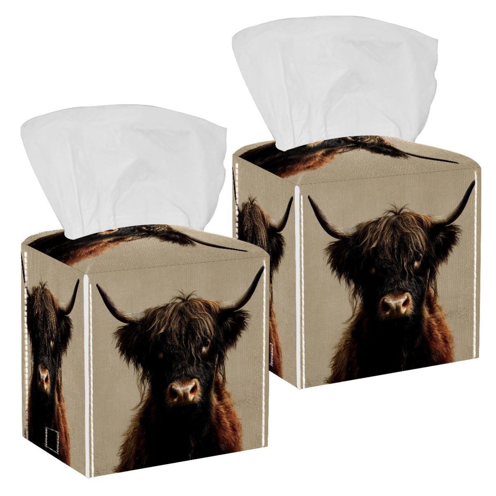 Highland Cow Tissue Box Cover, 2 Pack PU Leather Square Facial Tissue Dispenser Box holder for Home Office Car