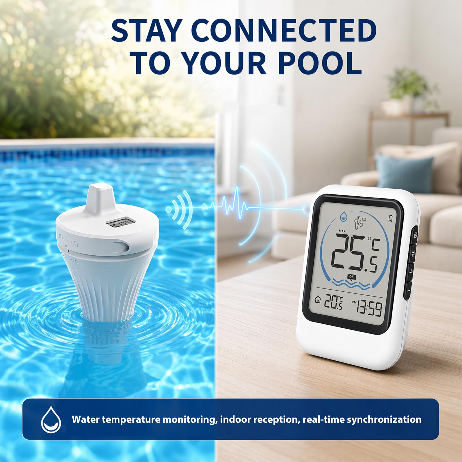 Poolthermometer Digital Funk, IP68 Wasserdichtes Schwimmendes Pool Thermometer mit LCD Display, Kabelloses Wasserthermometer für Pools, Aquarien, Teiche und Badewannen