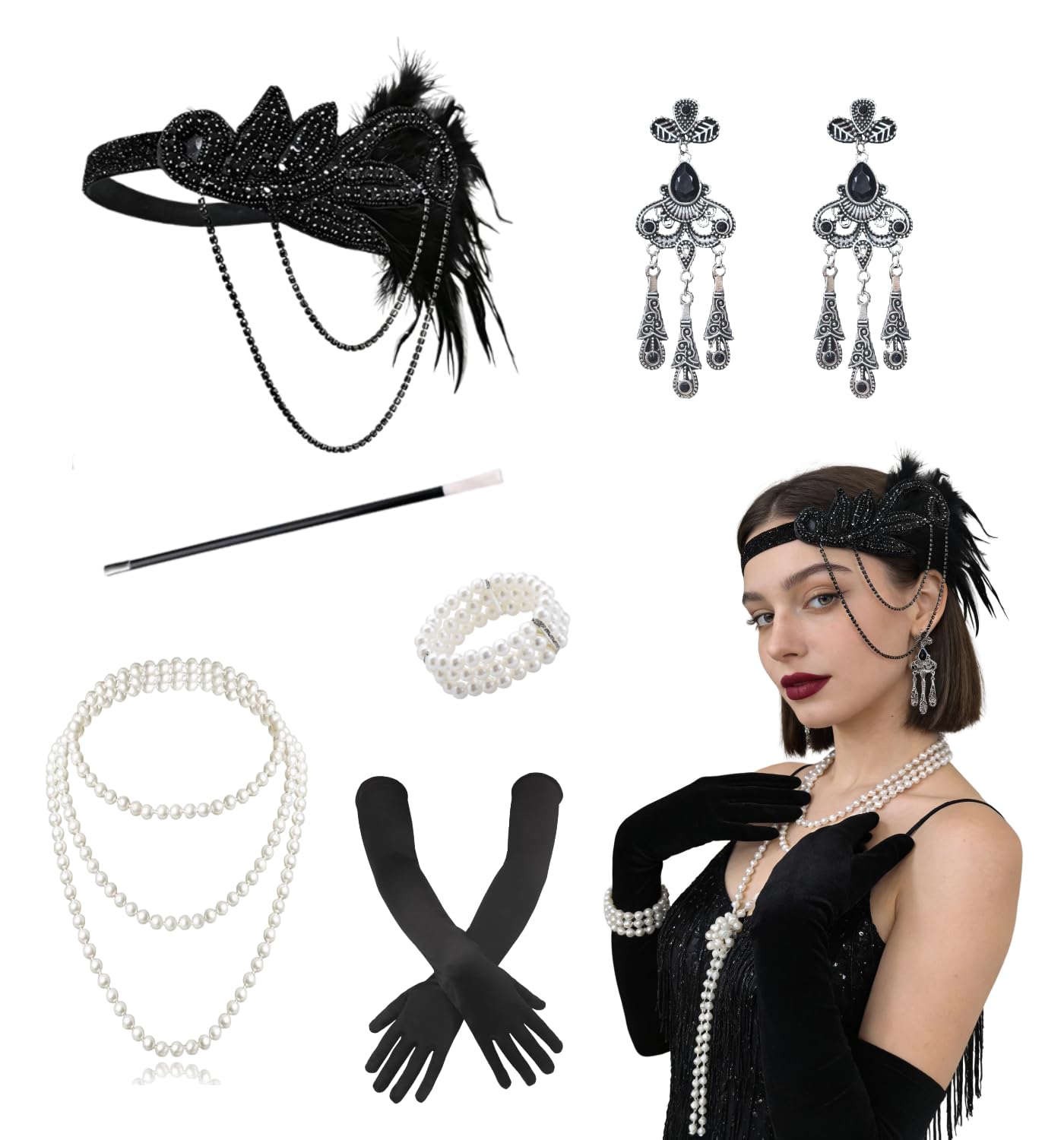 Ginkago 1920s Accessories for Women 6Pcs Flapper Accessories Set including Feather Headband, Earrings, Necklace, Bracelet