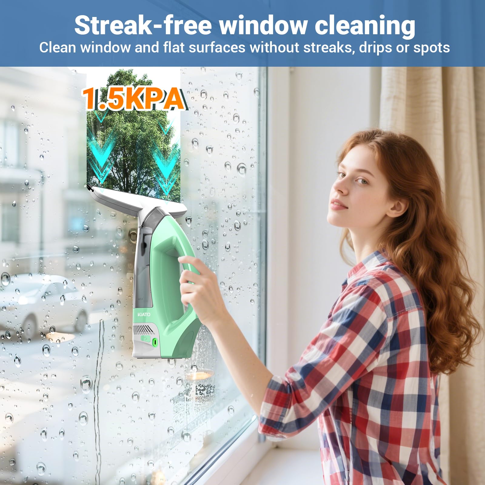 Kiato Fensterabzieher Kabellos, Elektrischer Fenstersauger, wiederaufladbarer Fensterreiniger mit Sprühflasche, zum Reinigen von Fenstern, Spiegeln, Glas, 2200 mA, WC10