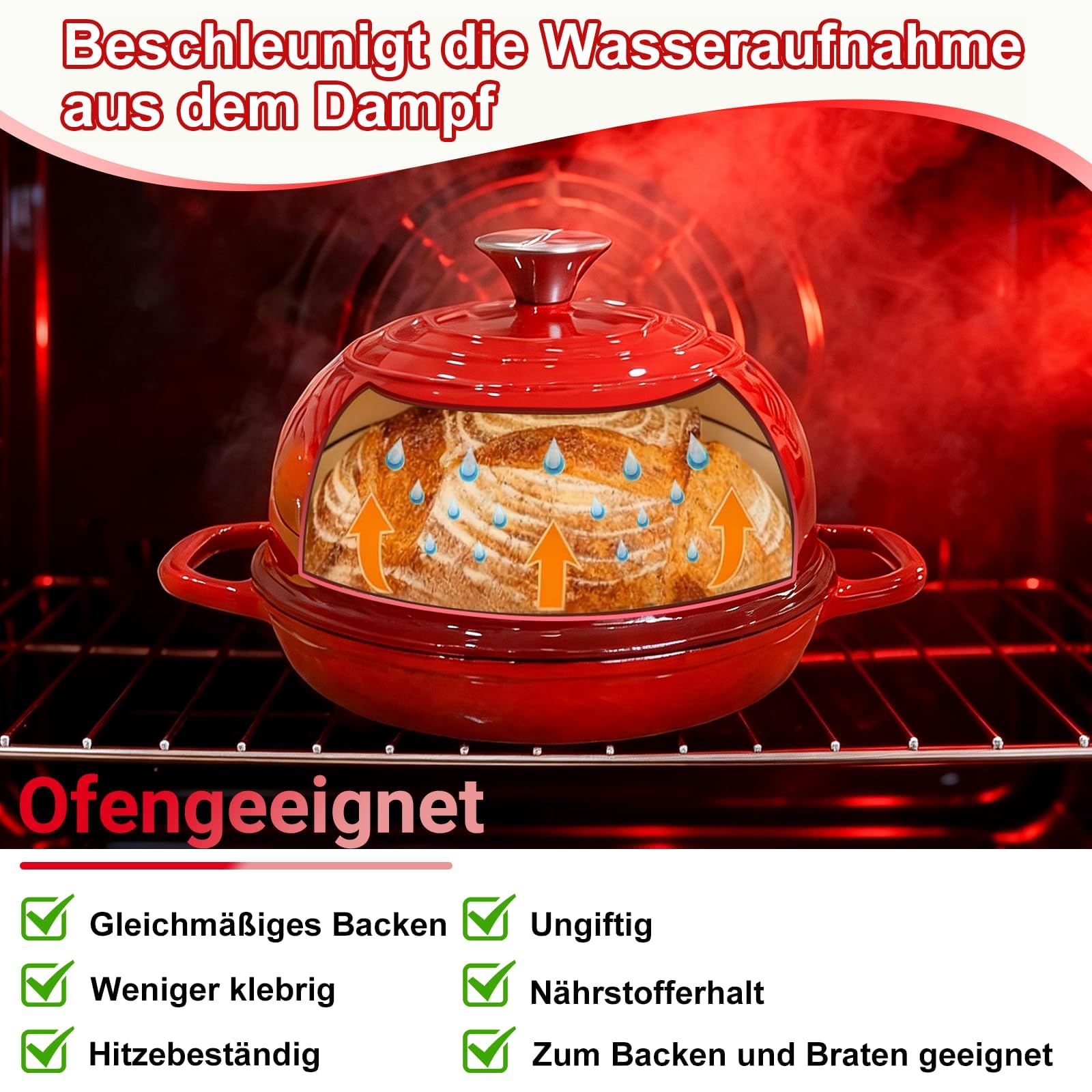 Gusseisen Topf Brot Backen,5,7L/26cm Bräter Emaille Schmortopf