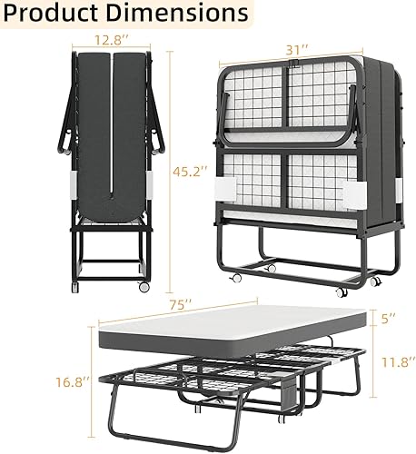 Miniatura 8 de VERMESS Cama plegable con colchón de espuma viscoelástica de 5 pulgadas, cama plegable de 75 x 32 pulgadas con marco de metal resistente en ruedas,